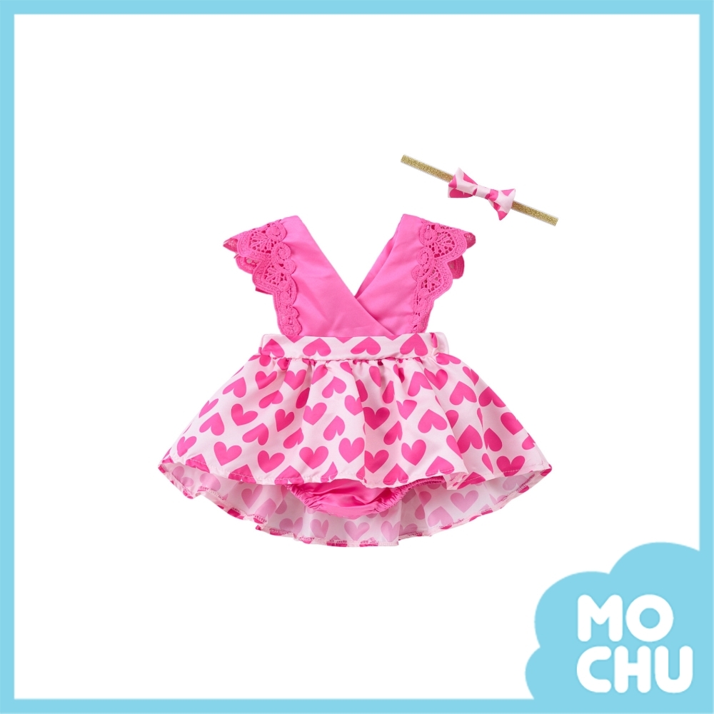 小小愛心蕾絲包屁連衣裙+髮帶(三色)