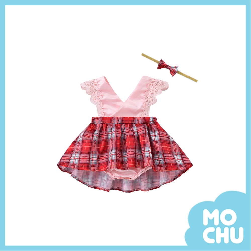格紋蕾絲包屁連衣裙+髮帶(三色)