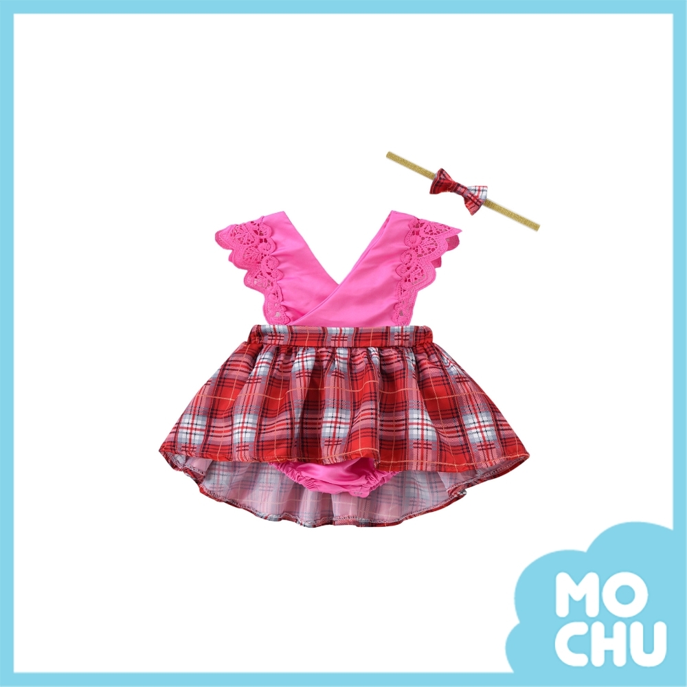 格紋蕾絲包屁連衣裙+髮帶(三色)