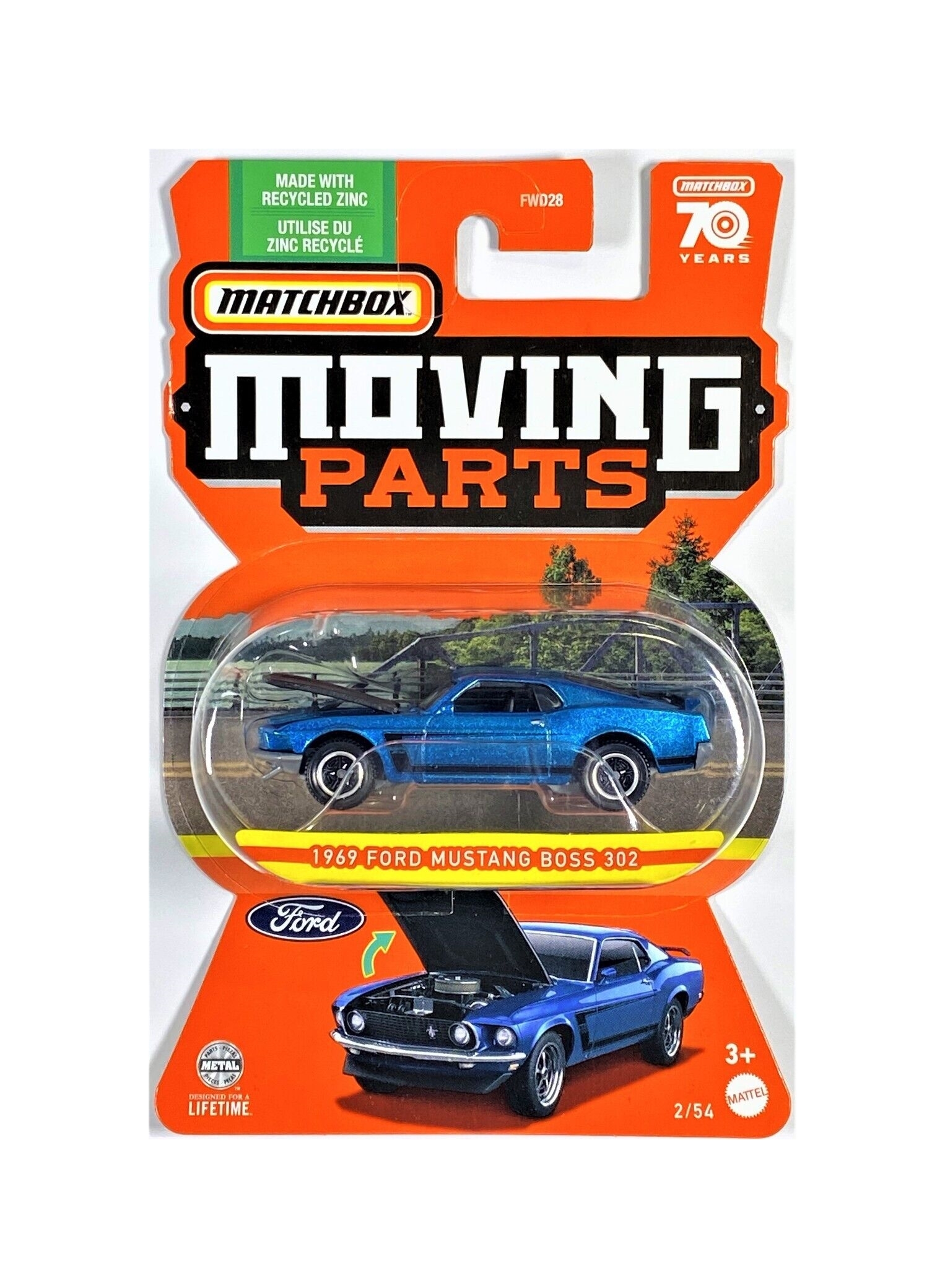 Matchbox Moving Parts 1969 Ford Mustang Boss 302 Die-Cast Car - 1:64 Scale Blue Toy Car With Flashing Light