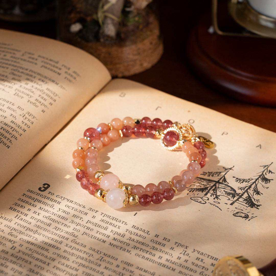 【纏綿】緋紅晚霞-粉水晶草莓晶太陽石雙圈手鍊