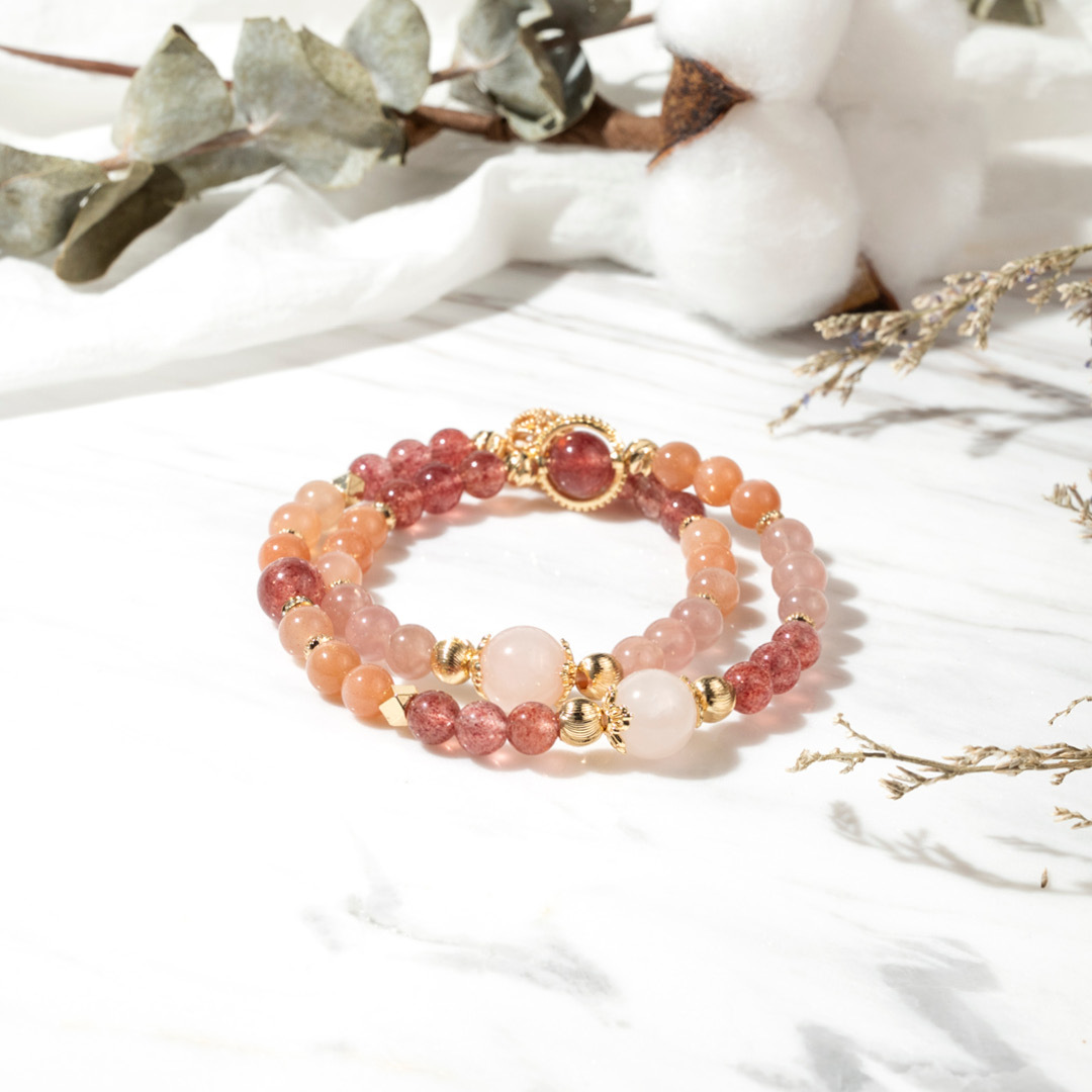 【纏綿】緋紅晚霞-粉水晶草莓晶太陽石雙圈手鍊