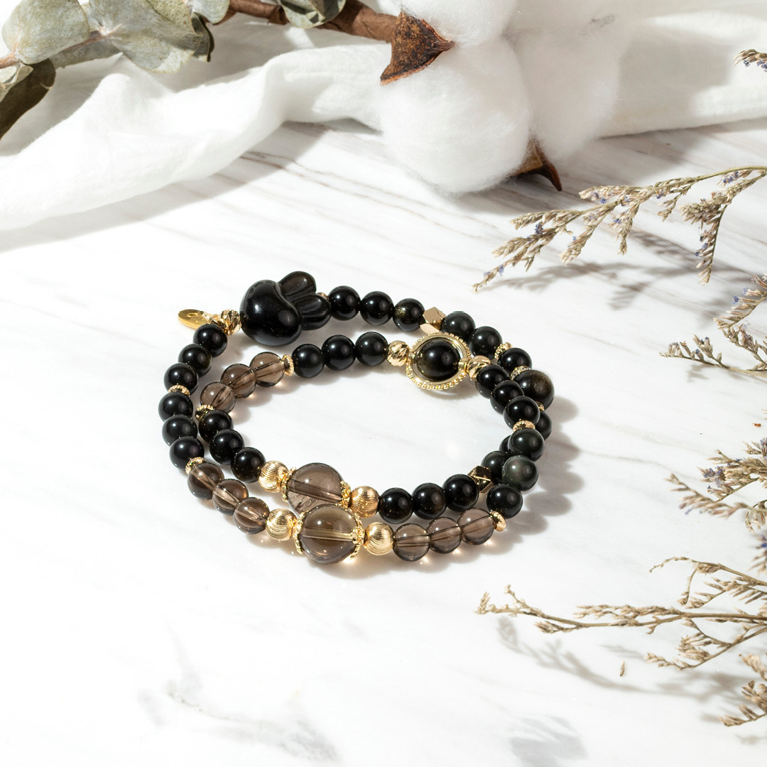 【纏綿】天青煙雨-茶水晶黑曜石金曜石雙圈手鍊