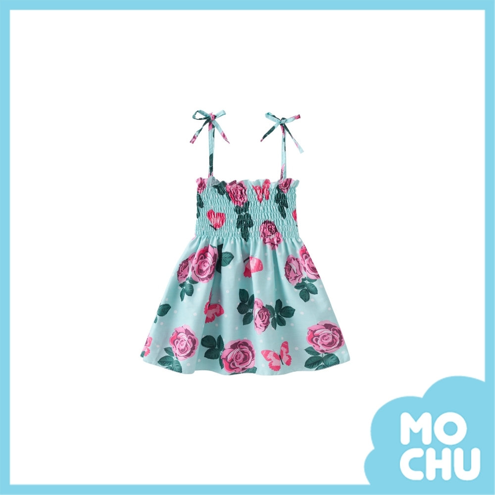 蝴蝶粉花吊帶連衣裙