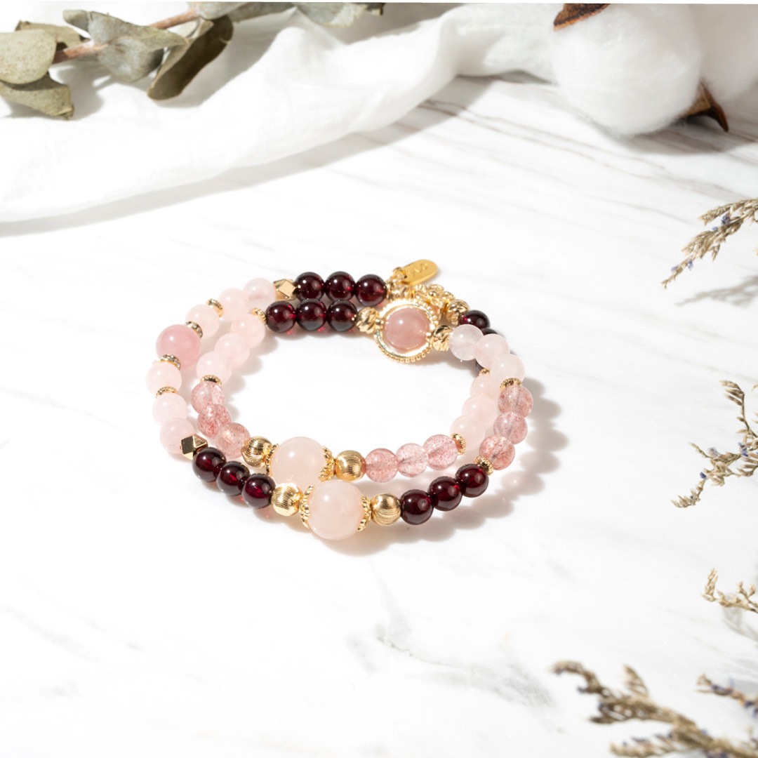 【纏綿】薔薇細語-粉水晶石榴石草莓晶雙圈手鍊