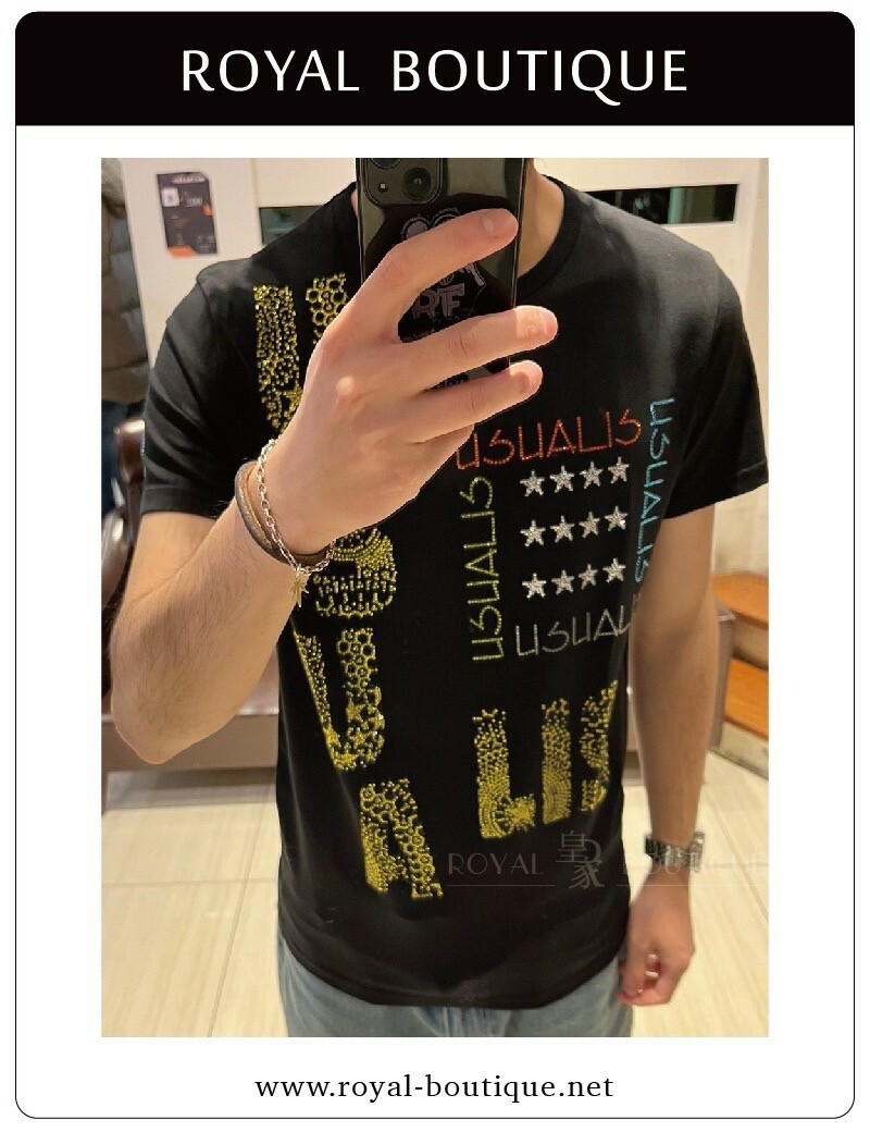 USUALIS 大面積螢光水鑽英字短T