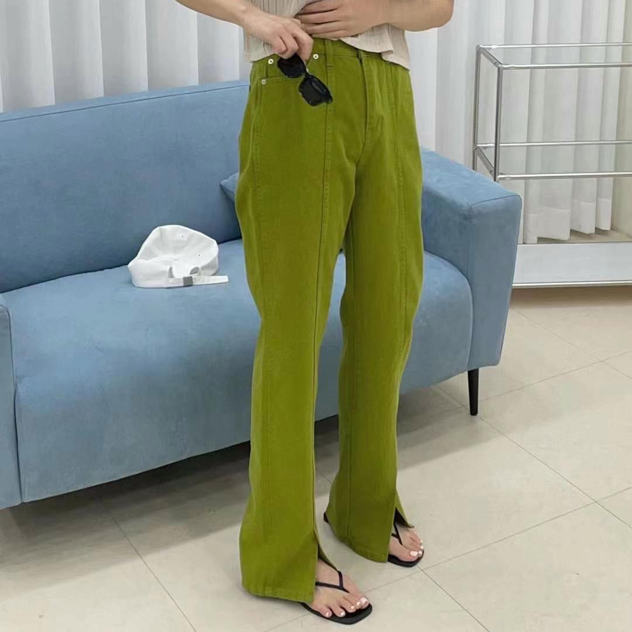 褲管前小衩設計車線落地褲(綠/S)