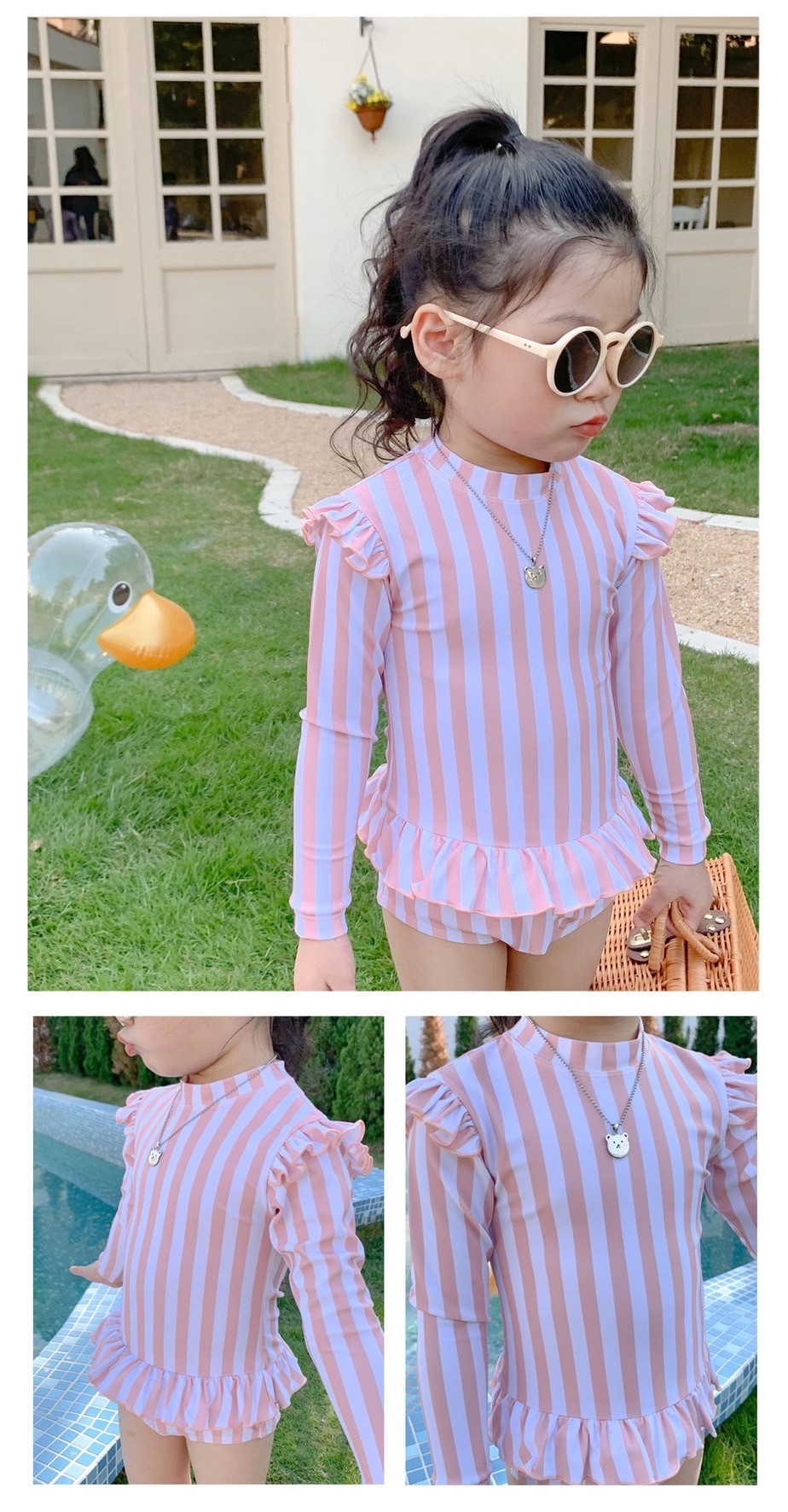 高防曬花邊長袖波浪裙泳衣