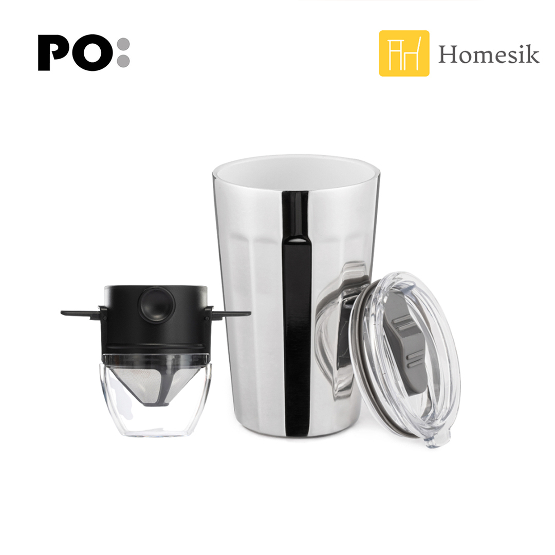 棱角保溫杯16oz (銀色) 雙層陶瓷杯連小天使咖啡濾網 PO:15121111