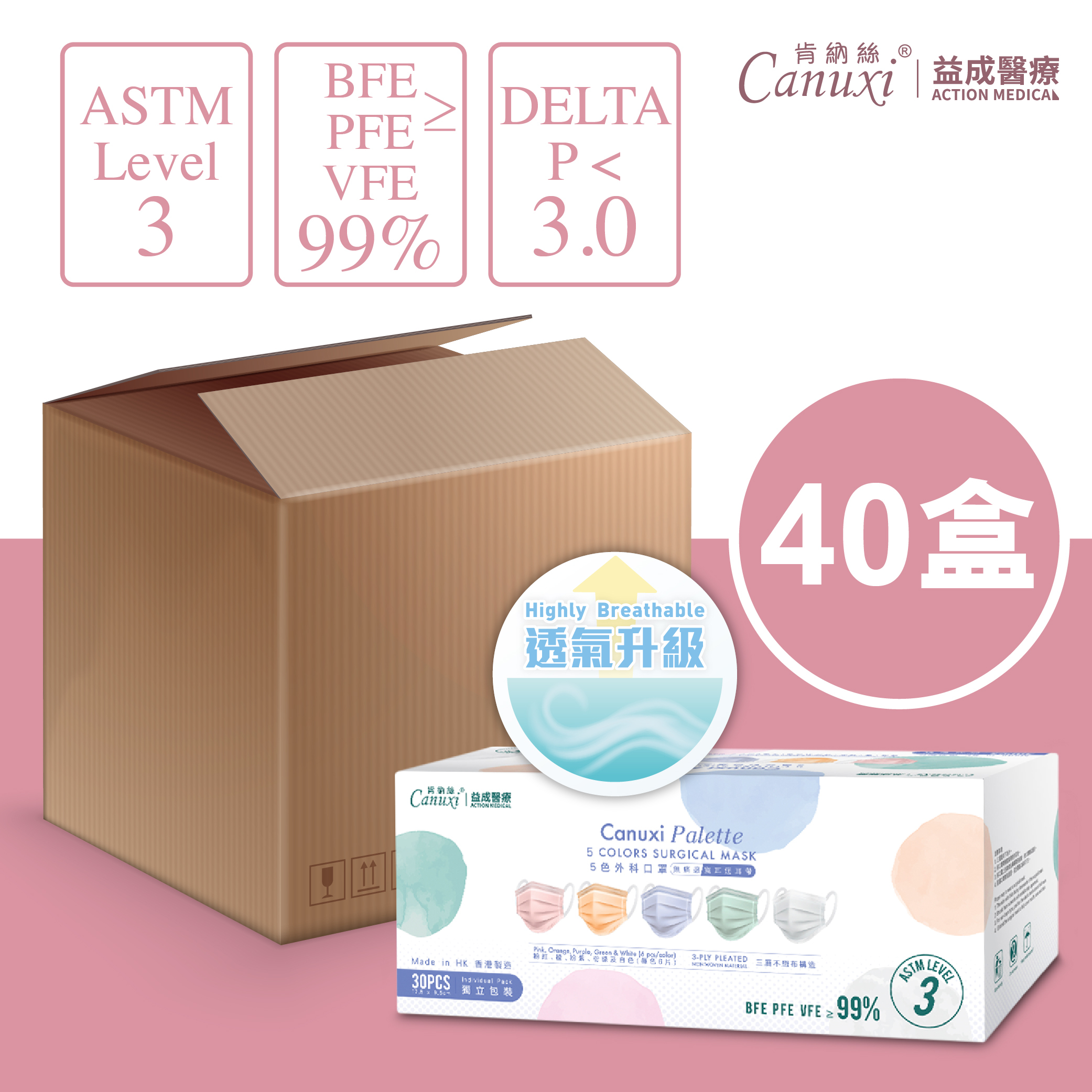 【透氣升級】香港製 - 5色外科耳掛式口罩 ASTM Level 3 (獨立包裝) /原箱40盒套裝