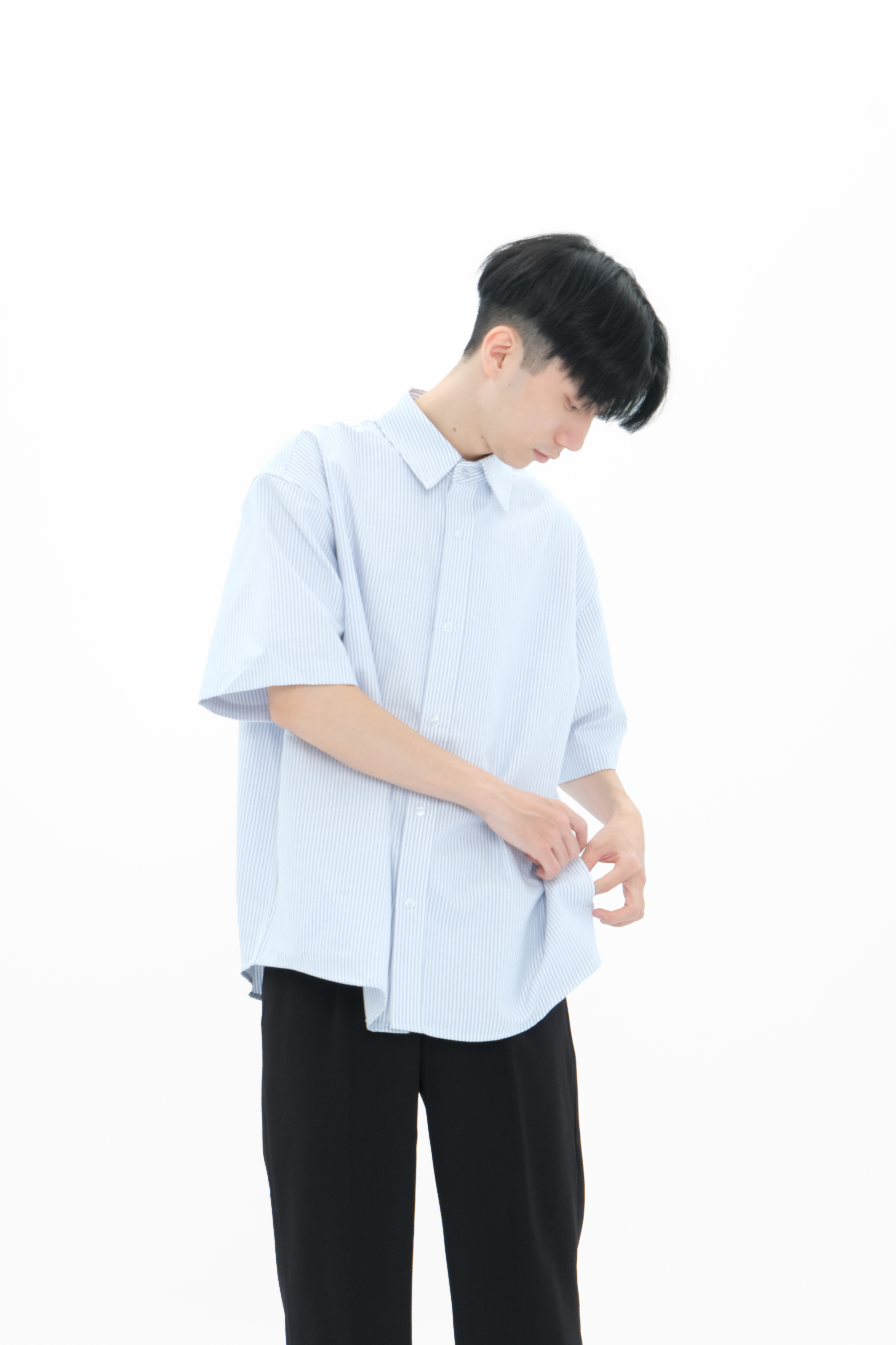 SIMON MADE TS-010 學院風 寬鬆 隱藏口袋 條紋 牛津 襯衫