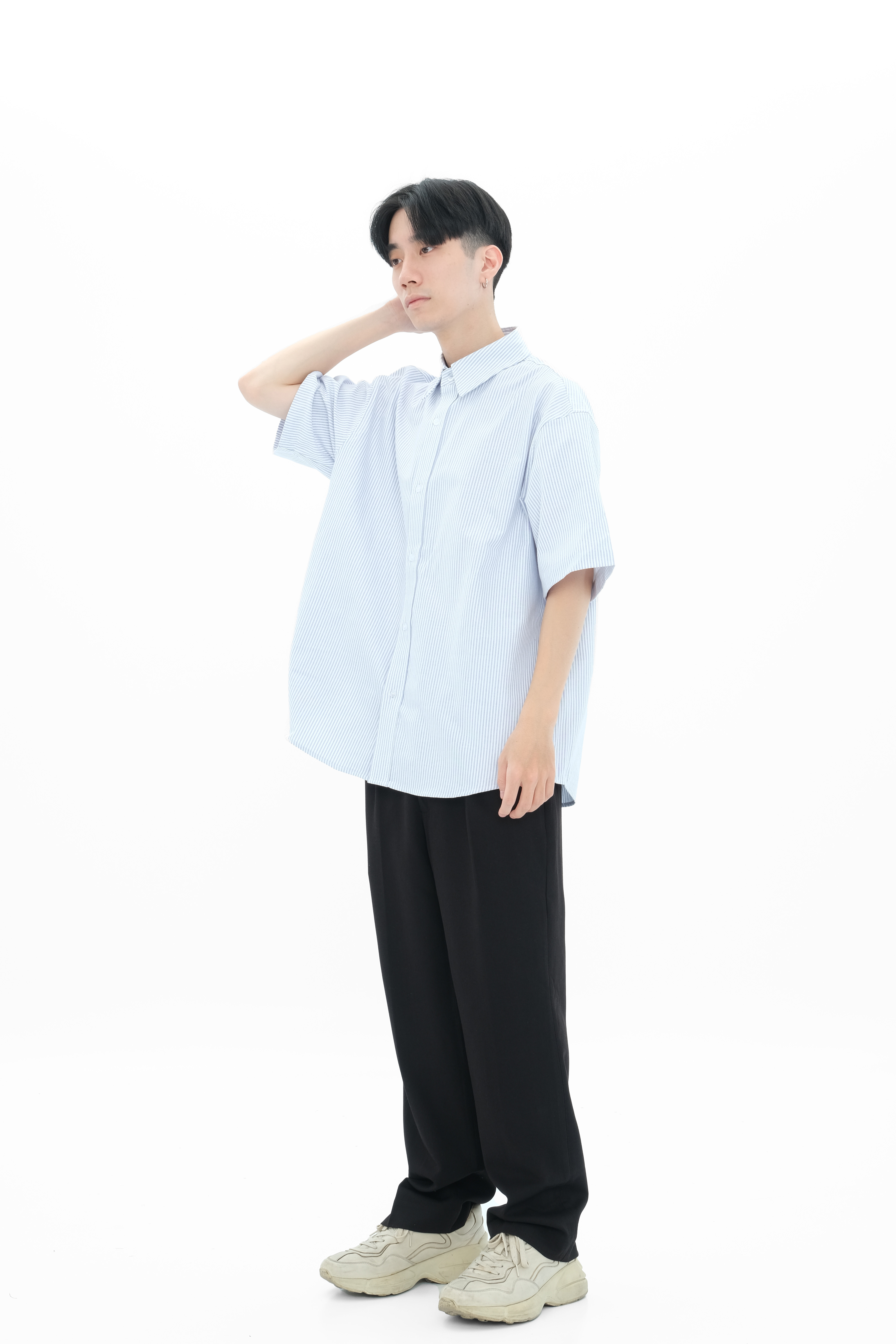 SIMON MADE TS-010 學院風 寬鬆 隱藏口袋 條紋 牛津 襯衫