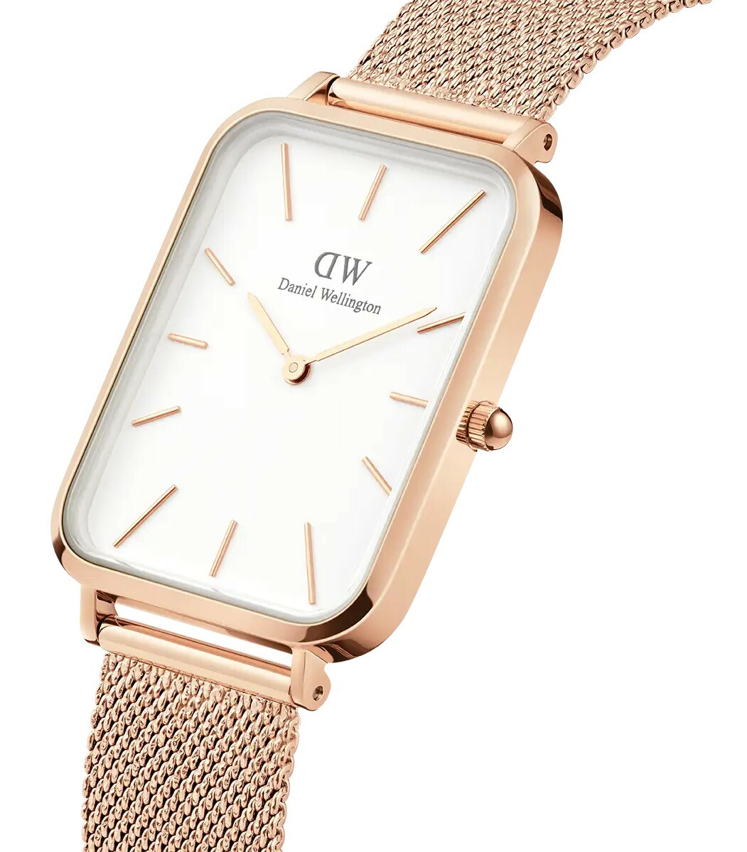 萬年鐘錶 - DW - Daniel Wellington  QUADRO PRESSED STERLING系列  錶徑 : 29x36.5mm 玫瑰金白面方形經典米蘭錶帶女錶 DW00100465