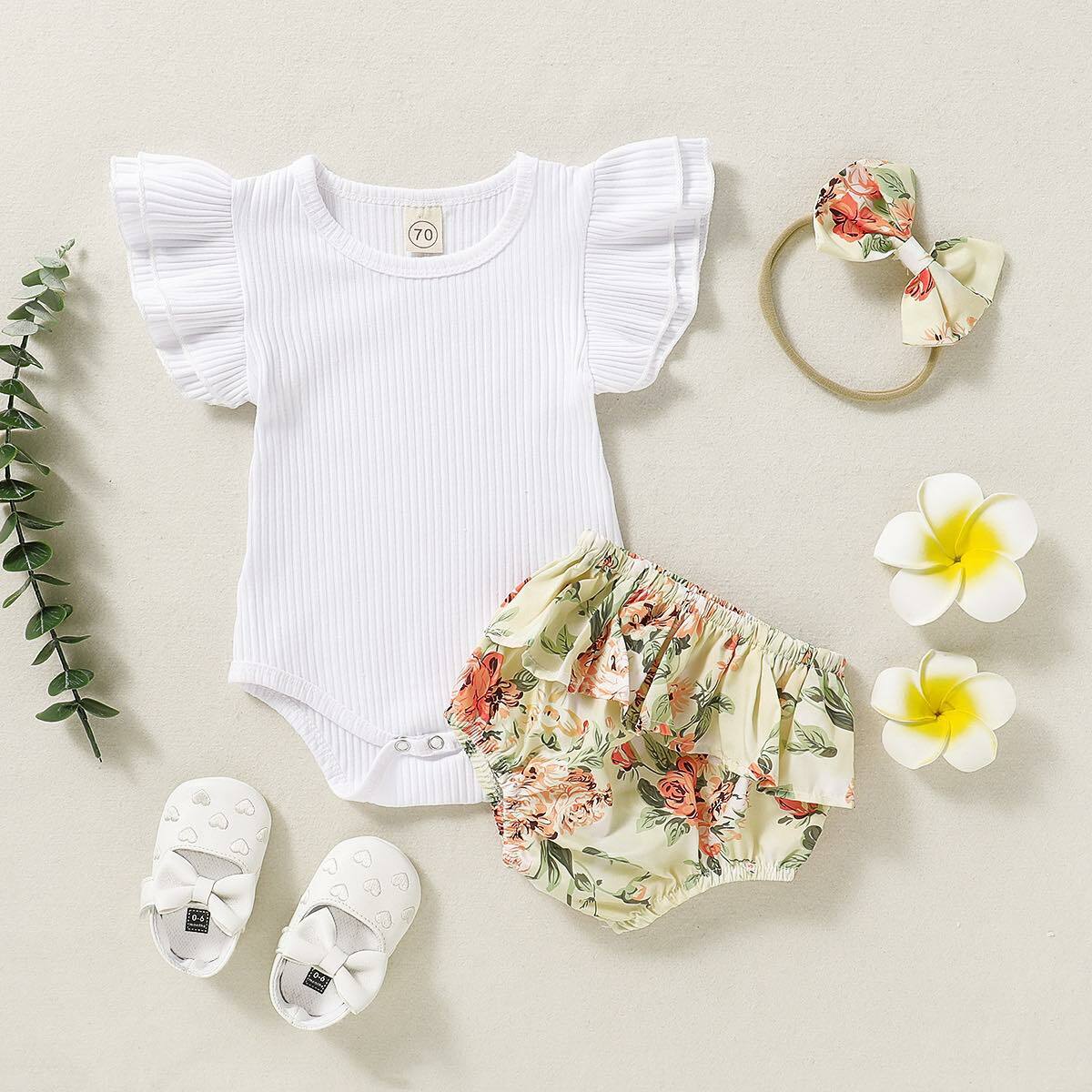 L42WE_SS23🍀🌼白色荷葉袖包屁+花花包屁褲連髮帶(pre-order)