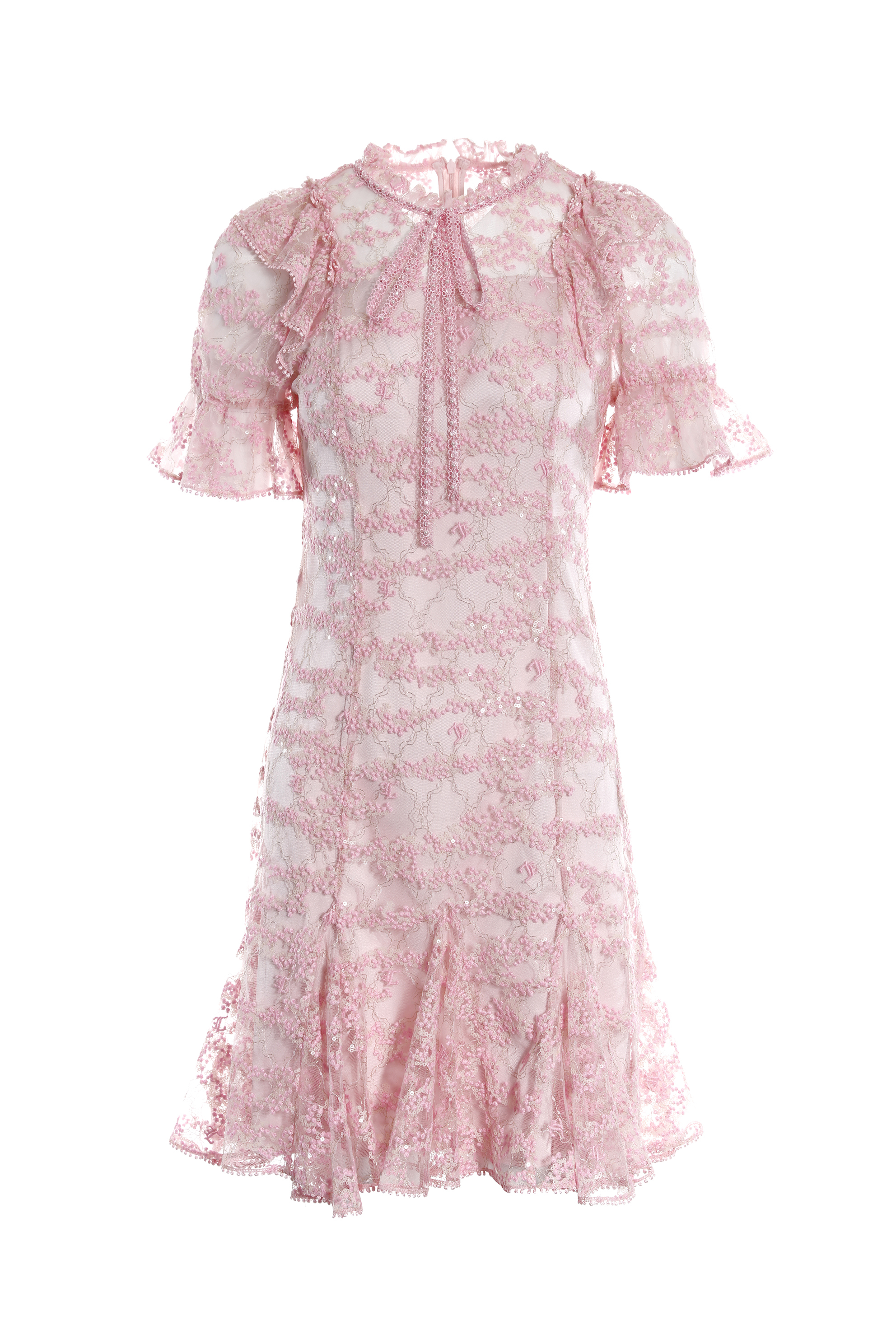 BC1EE118E1粉色春花庭院雙層透膚洋裝