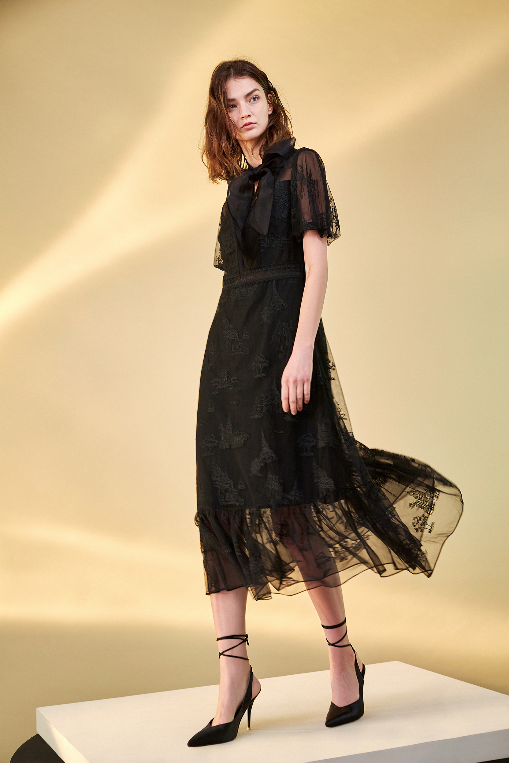 BC1EE123E1 莊園晚宴透氣網紗不規則綉花洋裝