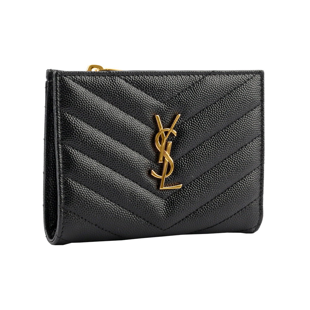 【YSL/Saint Laurent Paris】山形紋魚子醬皮金字拉鍊零錢袋二折短夾(黑色)