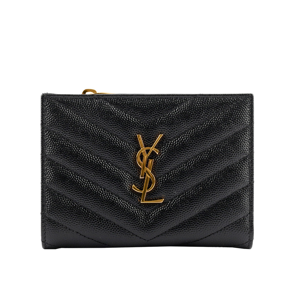 【YSL/Saint Laurent Paris】山形紋魚子醬皮金字拉鍊零錢袋二折短夾(黑色)