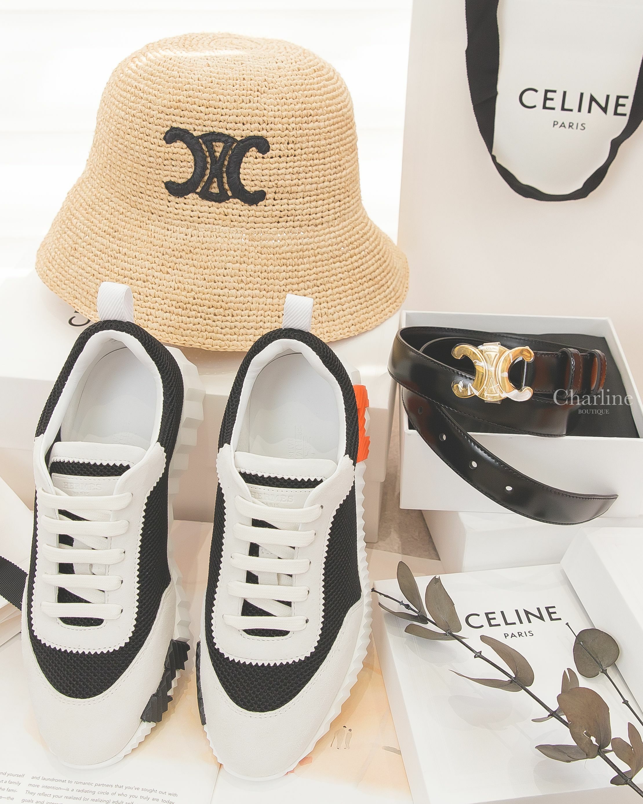 Celine Hat 自然色黑色凱旋門草編漁夫帽,Hermès Bouncing Sneaker 黑色透氣網布白色山羊麂皮黑/橘H運動鞋,Celine 黑色金色凱旋門小牛皮皮帶-Charline Boutique 精品代購