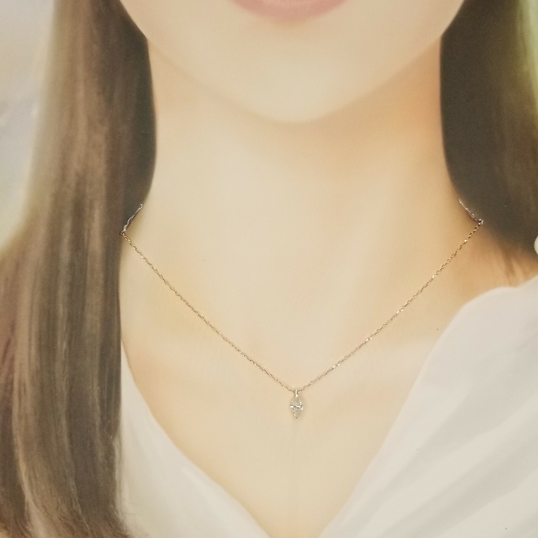 全新18K玫瑰金【單粒48份欖尖形鑽石】頸鍊