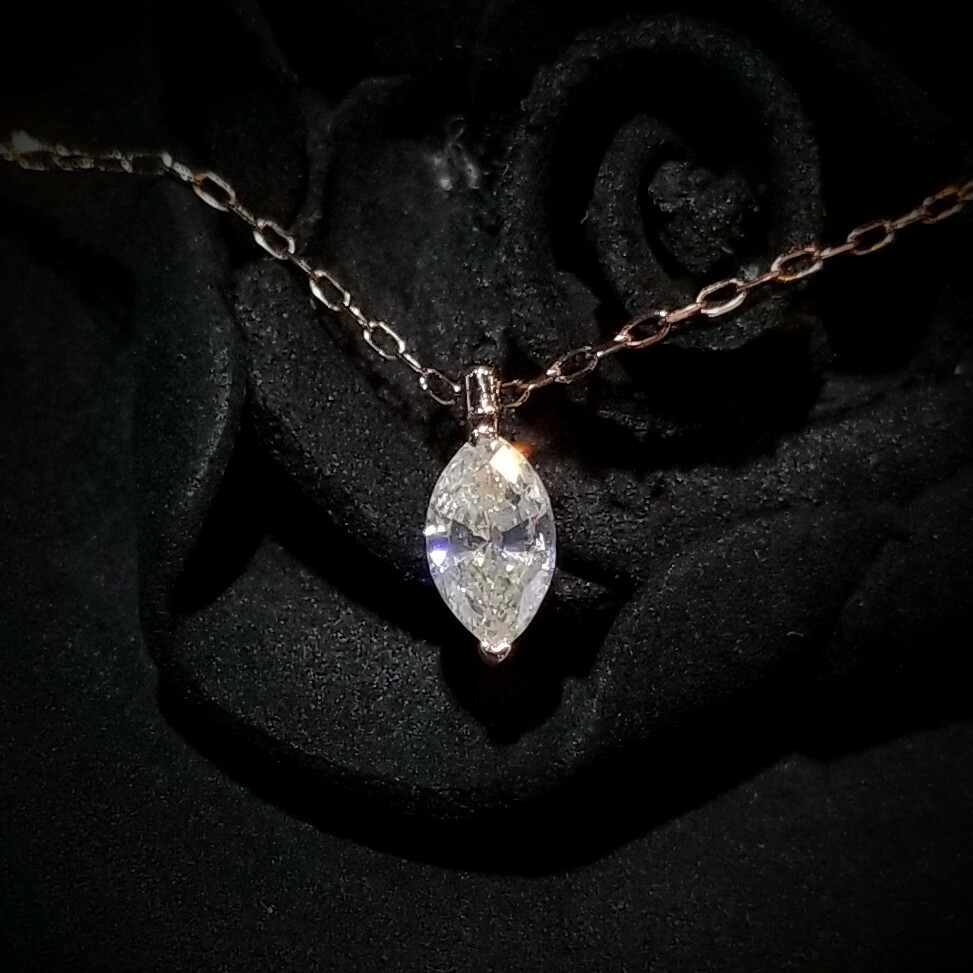 全新18K玫瑰金【單粒48份欖尖形鑽石】頸鍊