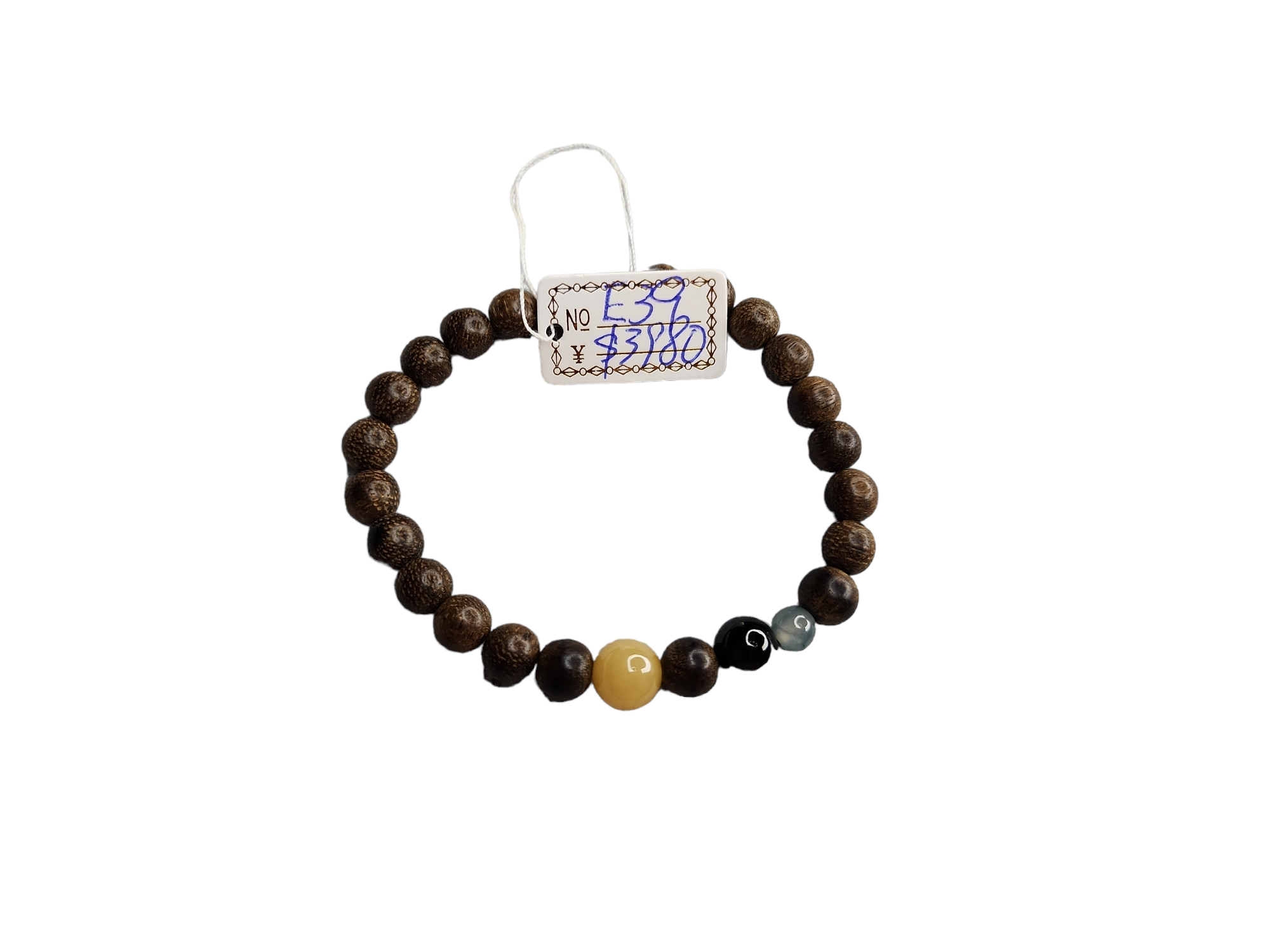 E39  黃翡.墨翠.飄花圓珠設計 沉香手串 7mm+