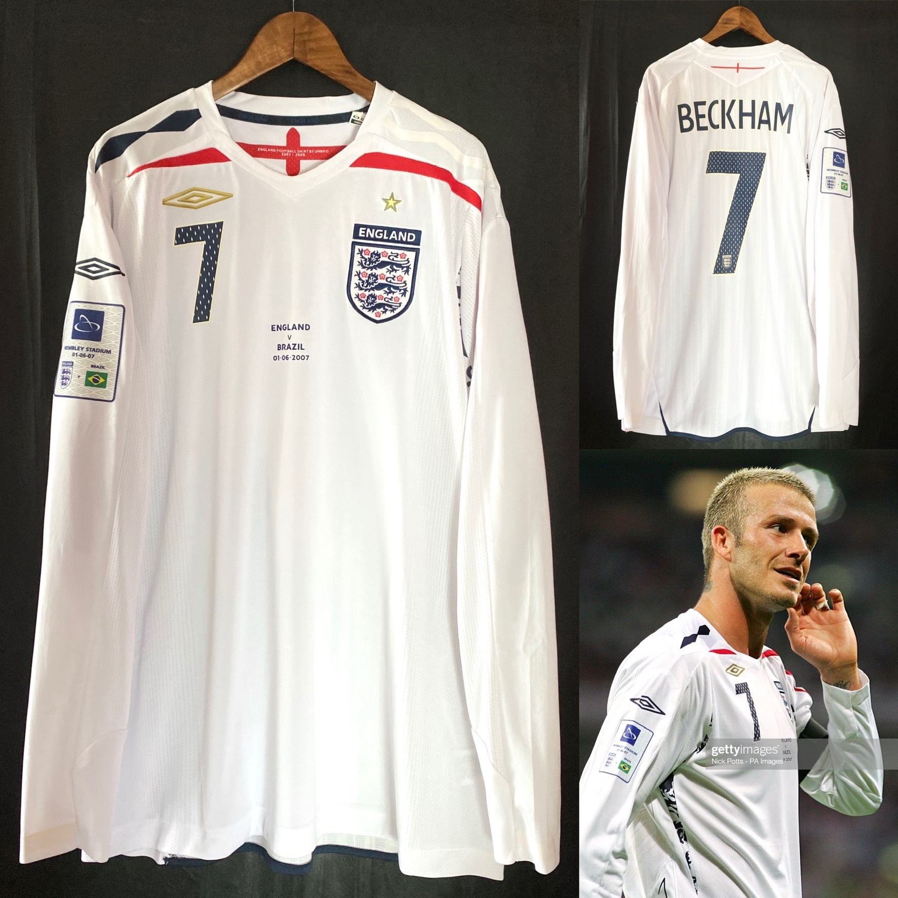 (BNWT) England 2006-2007 Wembley Stadium Umbro L/S Home Shirt #7 BECKHAM