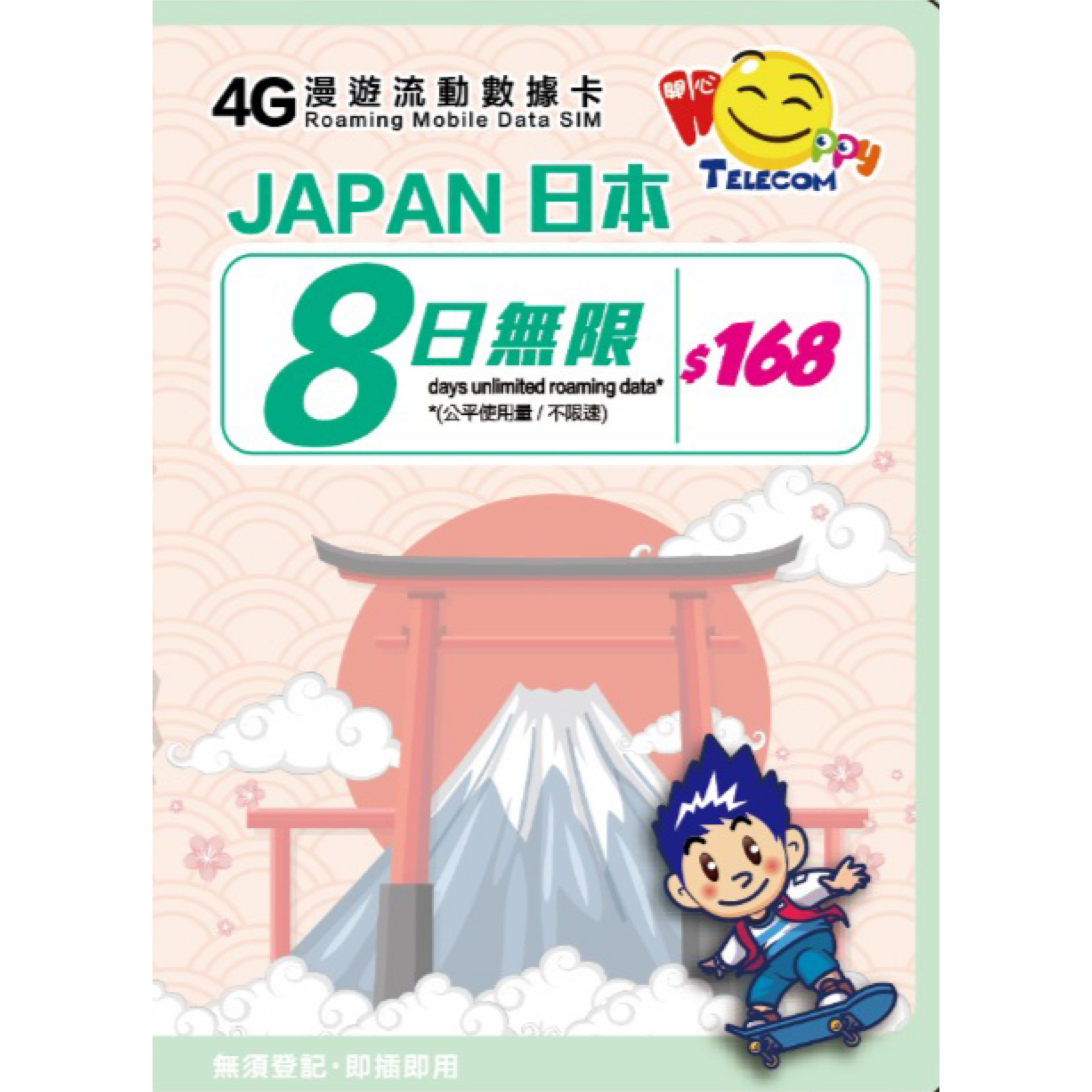 日本SoftBank【8日無限上網~不限速】4G無限上網卡數據卡