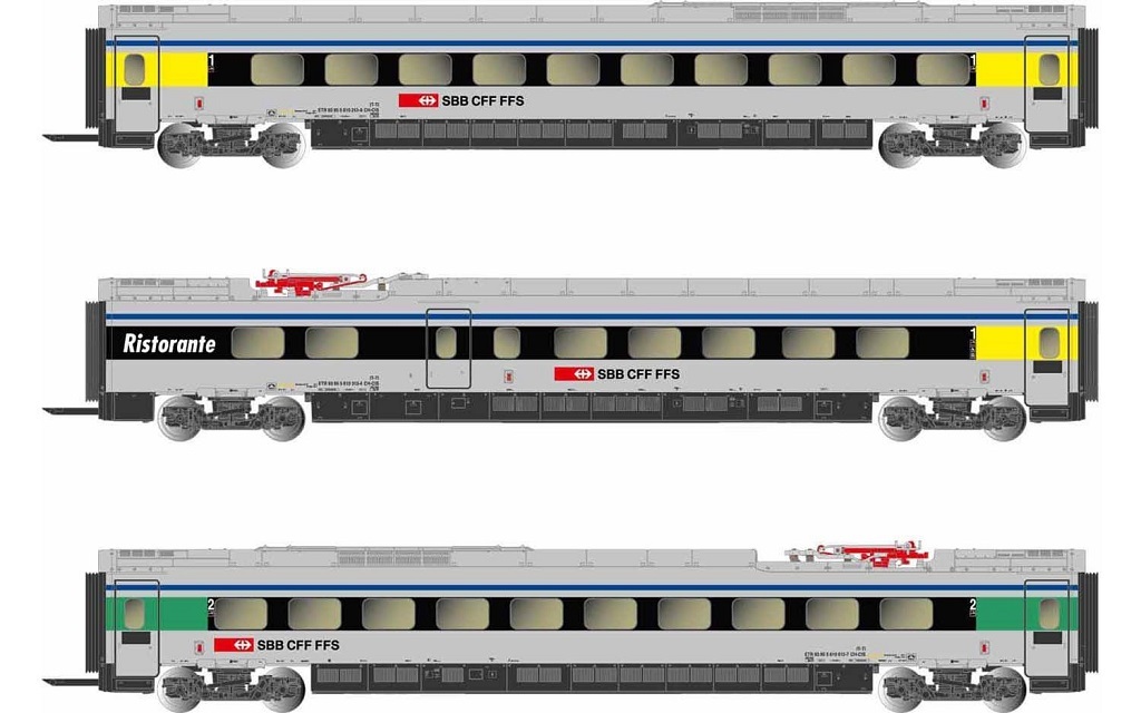 Arnold HN3503 N scale SBB, 3-unit pack intermediate coaches for HN2470, "Cisalpino"-livery, period VI