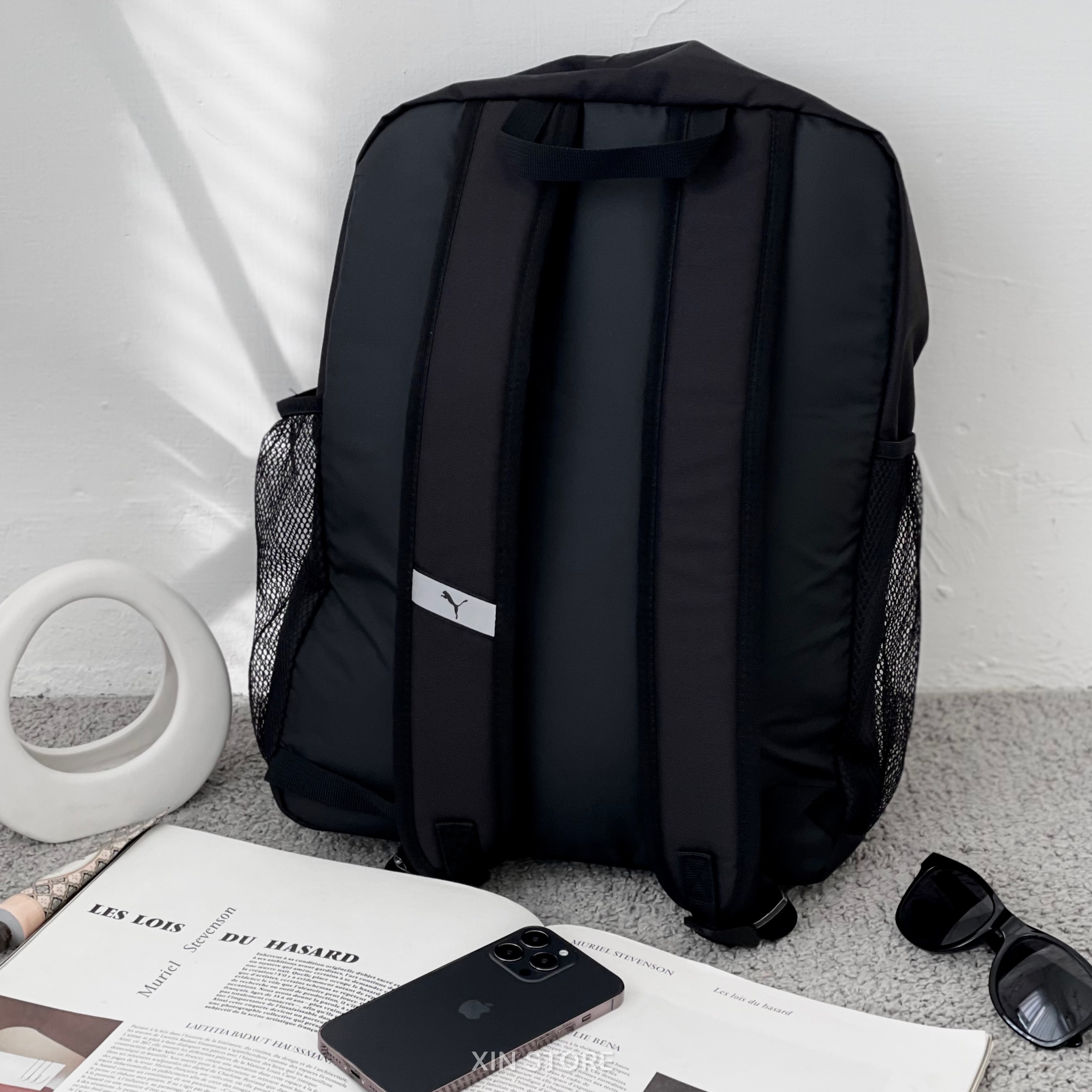 【現貨】Puma Patch Backpack Logo 大容量 雙拉鍊 布章 雙肩包 側網袋 後背包 黑