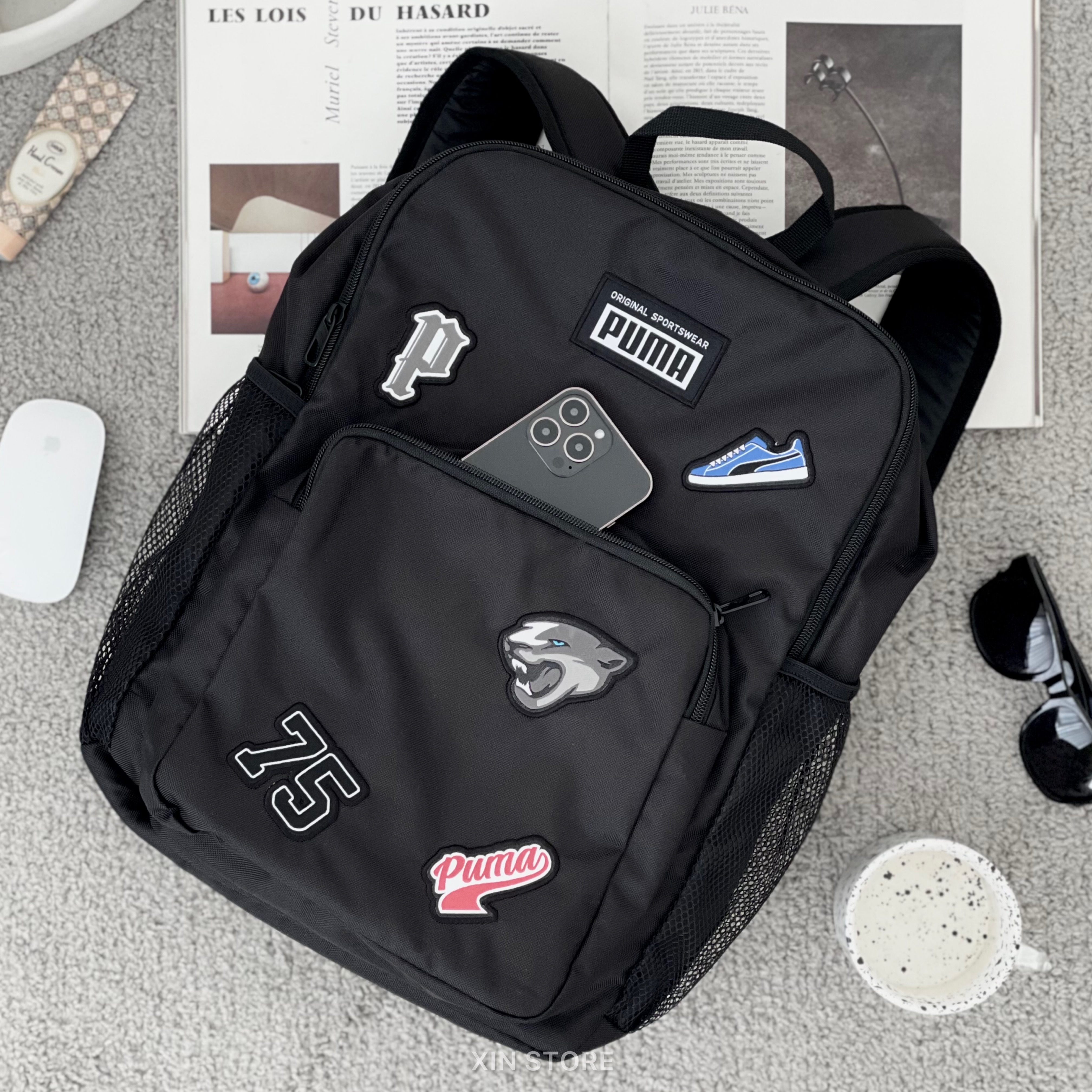 【現貨】Puma Patch Backpack Logo 大容量 雙拉鍊 布章 雙肩包 側網袋 後背包 黑