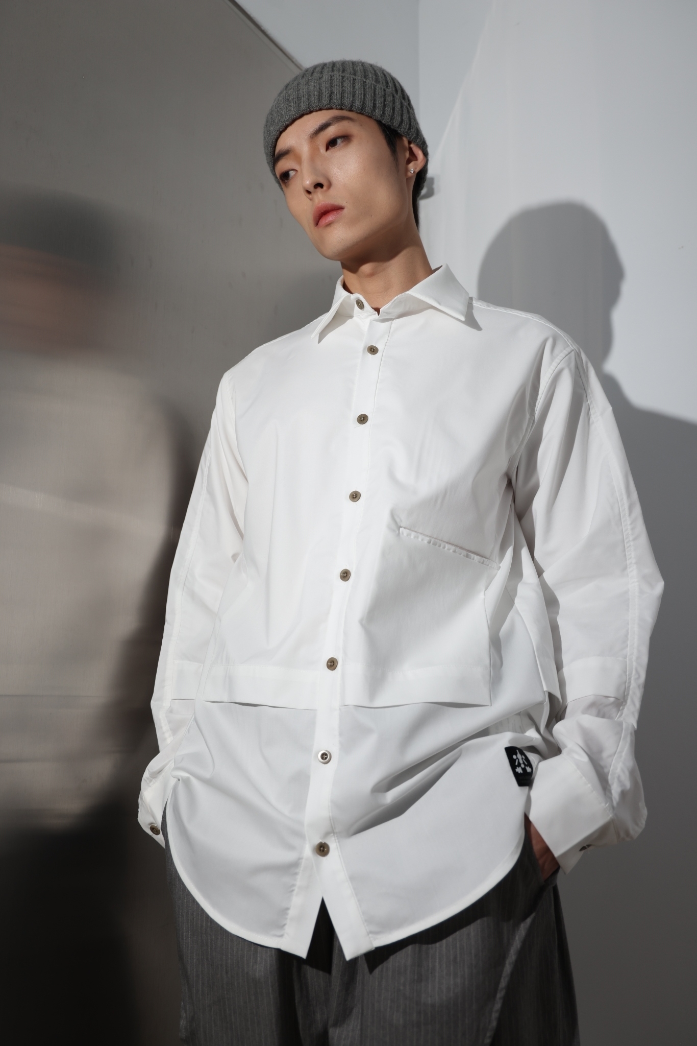 錯視活片長袖襯衫-白