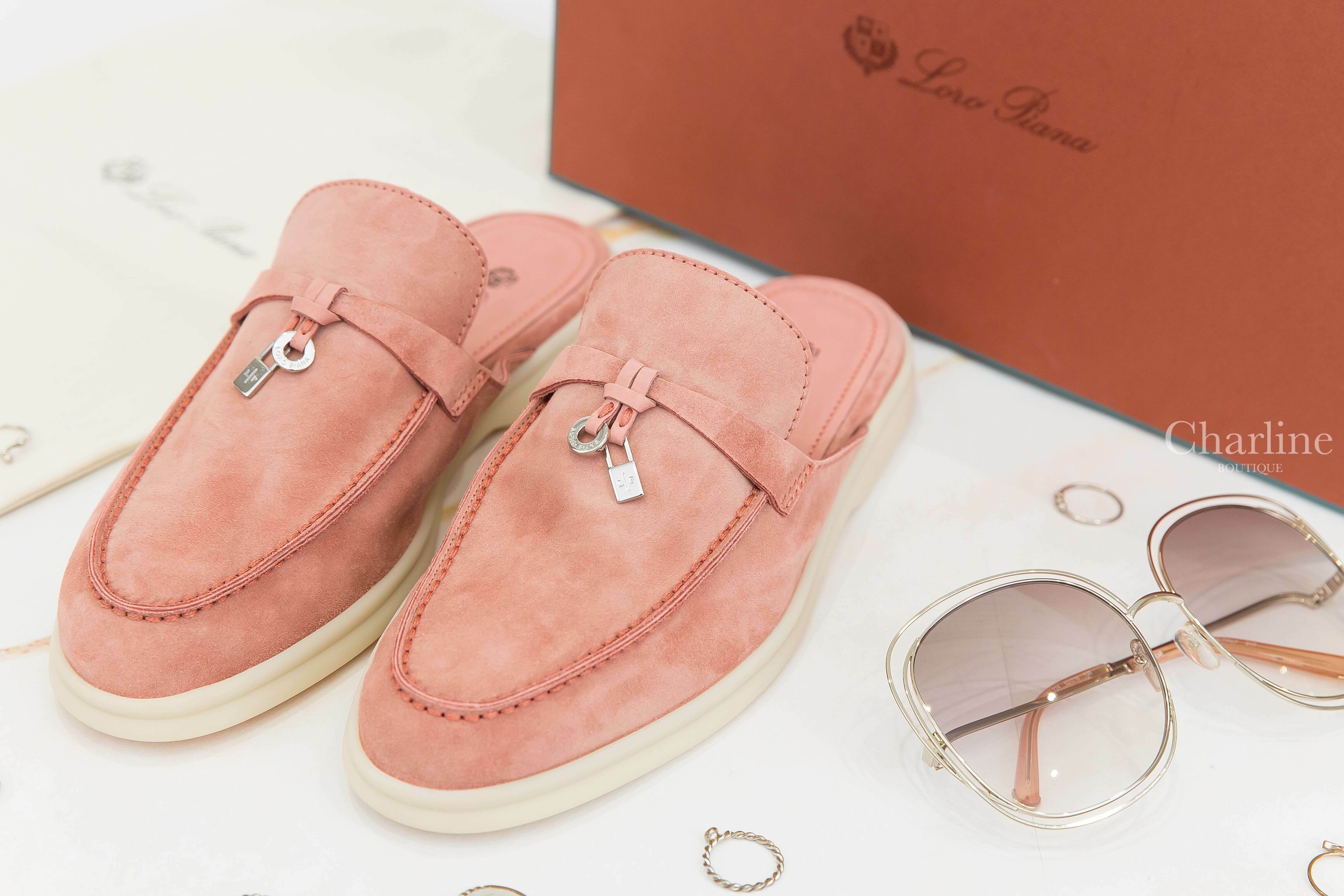 Loro Piana Babouche Charms Walk Loafers 紅蘭花色銀色墜飾柔軟麂皮步行樂福鞋-Charline Boutique 精品代購