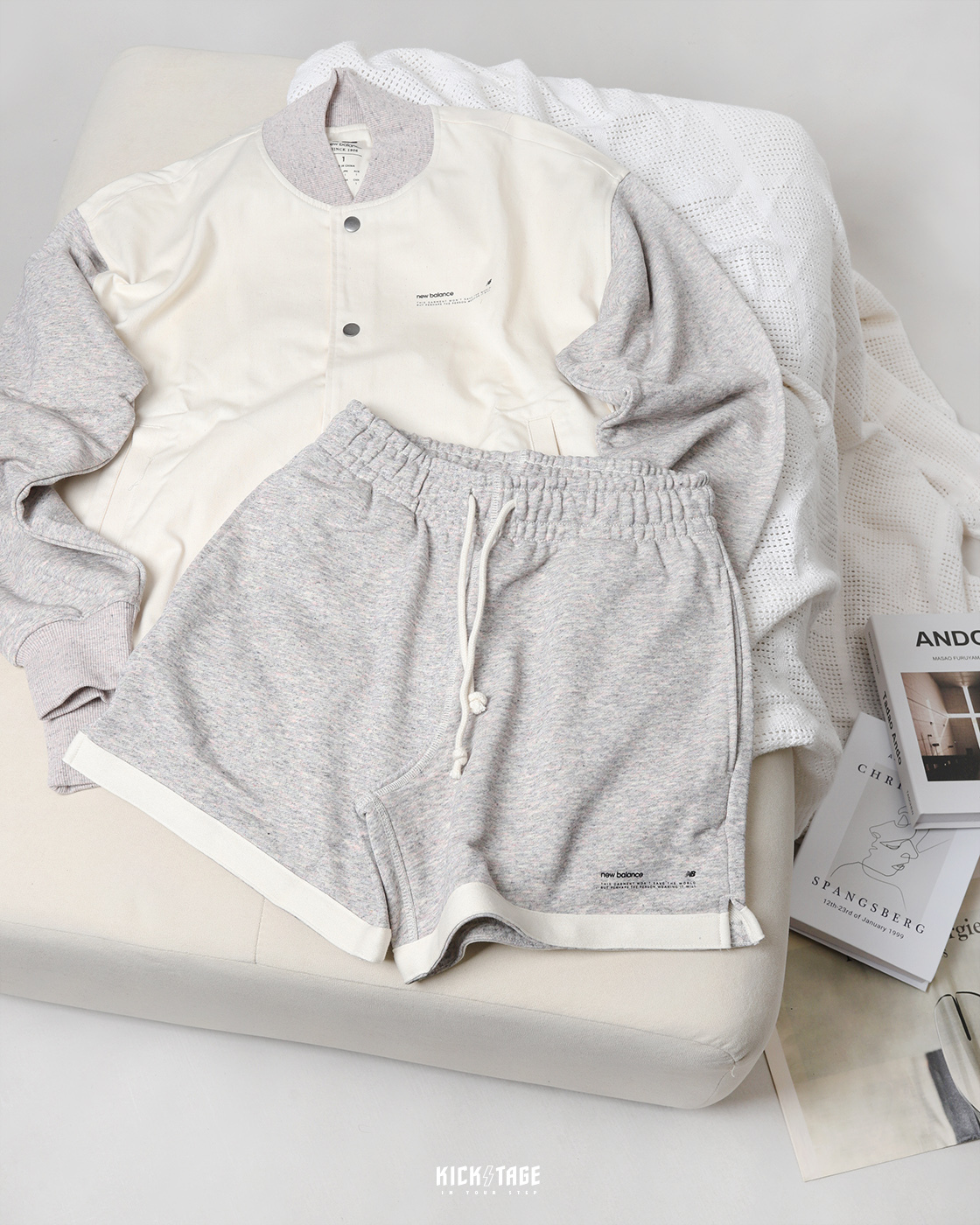 **特價商品售出不退換**男女款 NEW BALANCE SUIT 燕麥藕灰 標語小LOGO 雙色拼接 雜點 環保材質 套裝 / 棒球外套【UJ31551GIE】抽繩短褲【US31550SXY】