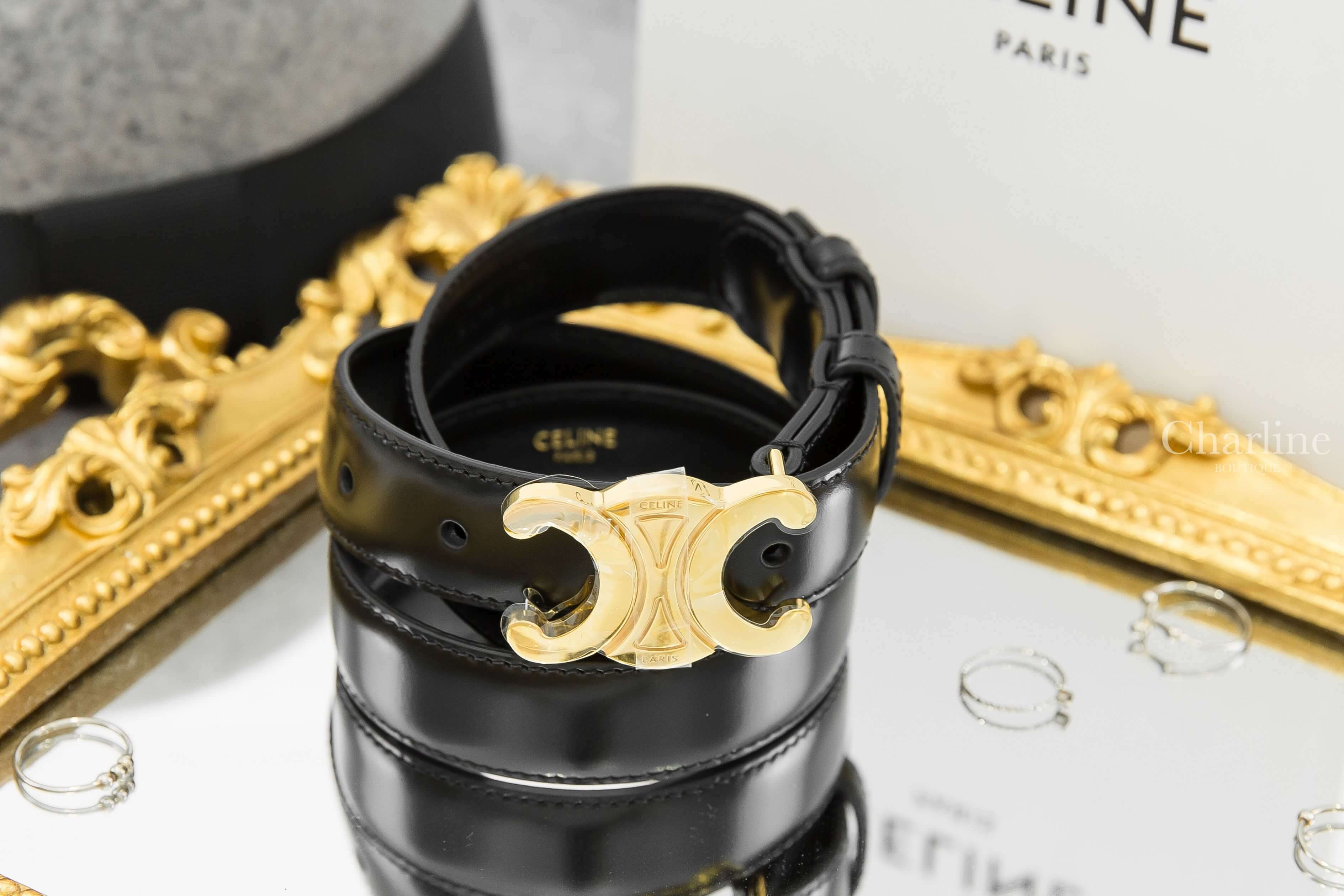 Celine Medium Triomphe Belt In Smooth Calfskin 黑色金色凱旋門小牛皮皮帶-Charline Boutique 精品代購