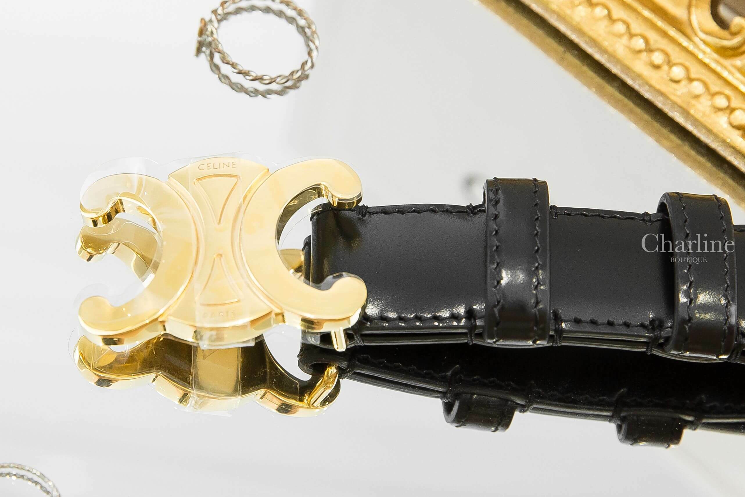 Celine Medium Triomphe Belt In Smooth Calfskin 黑色金色凱旋門2.5cm小牛皮皮帶