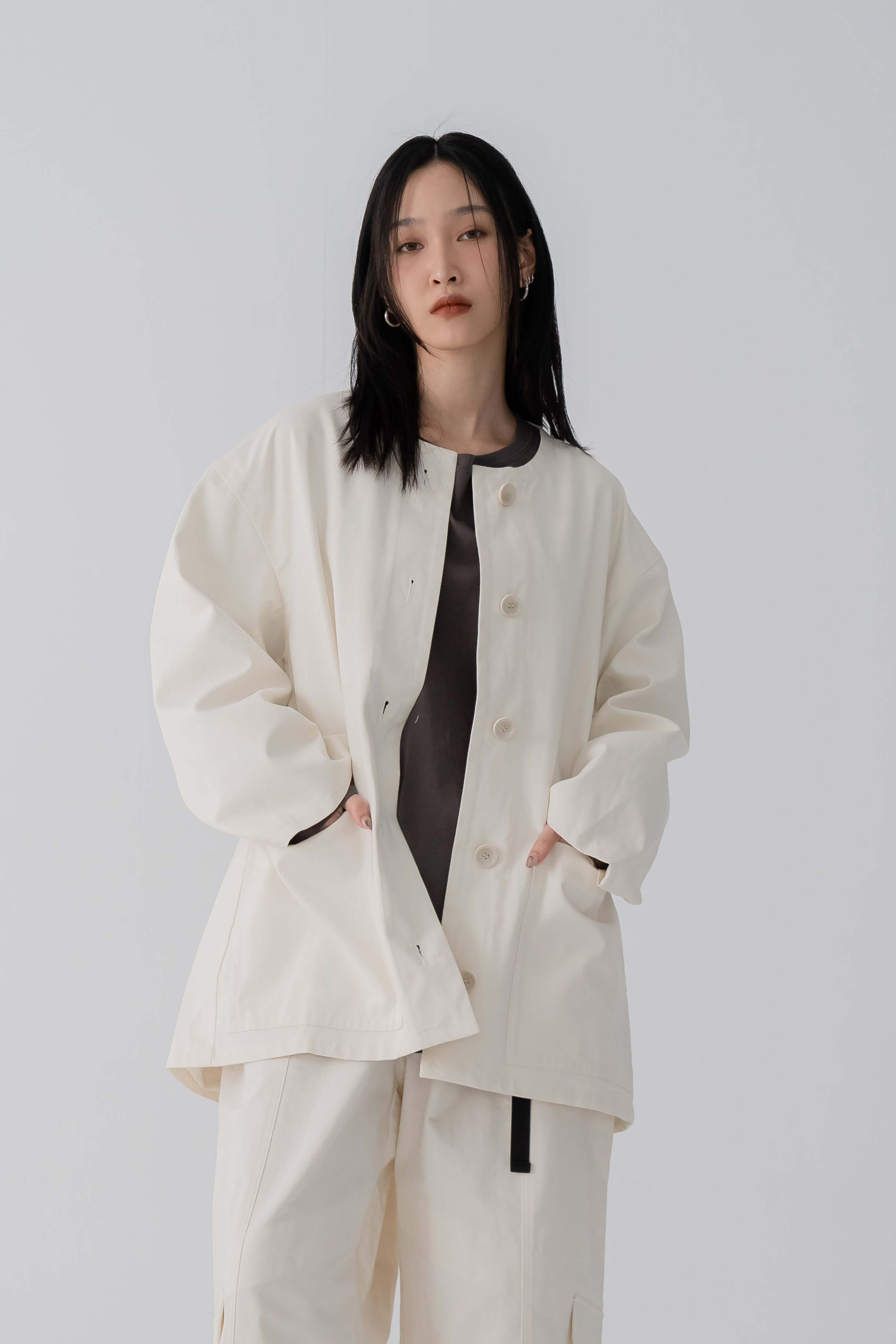 日系圓領寬鬆套裝外套