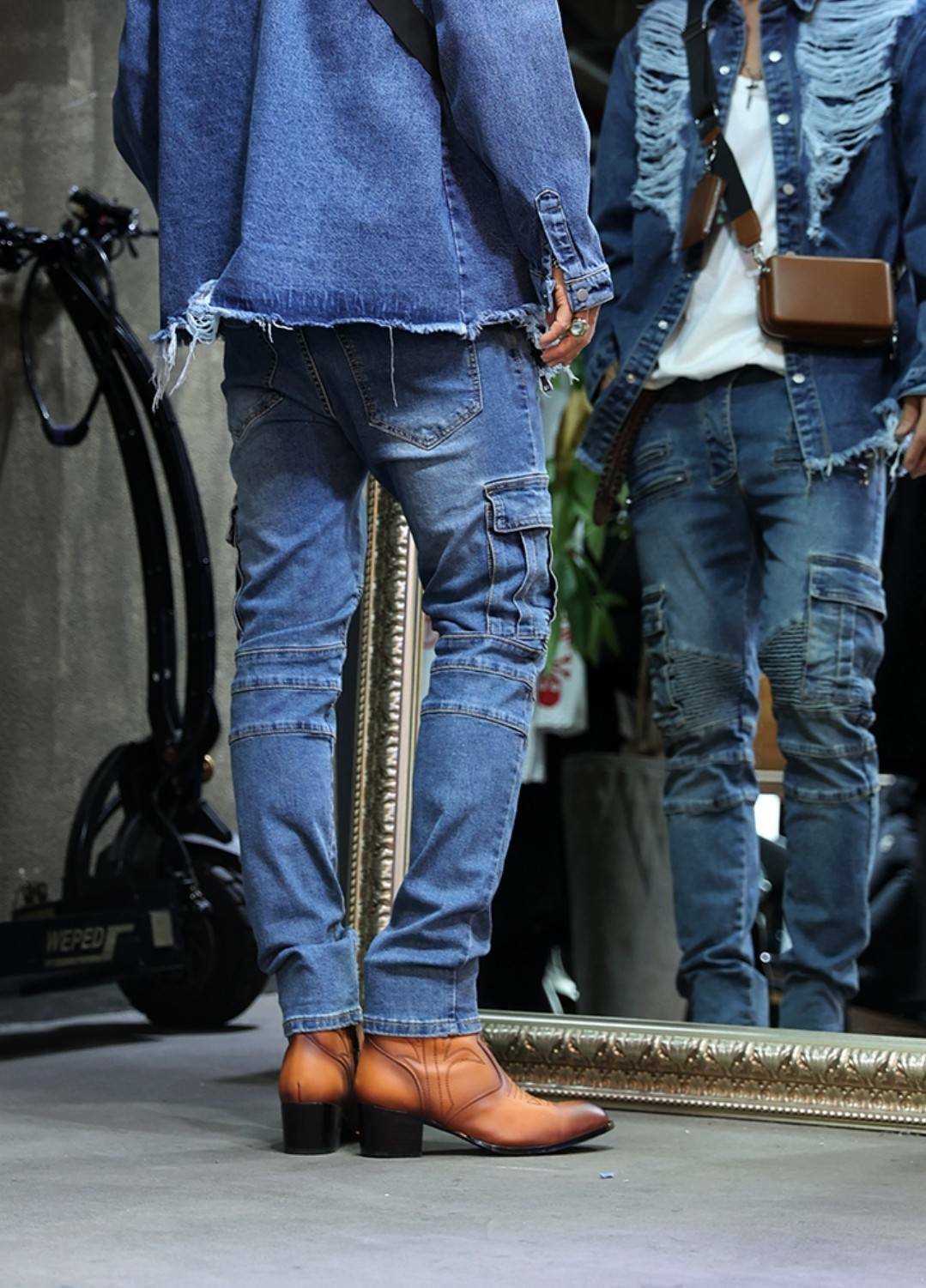 多拉鍊重工機車牛仔褲