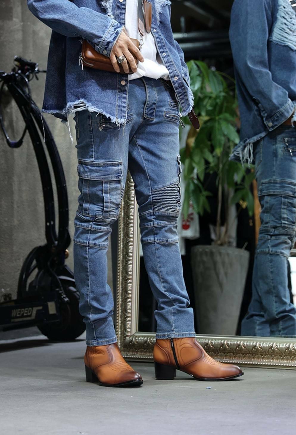 多拉鍊重工機車牛仔褲