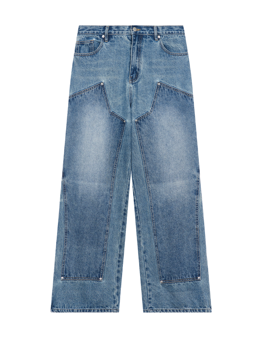 HARSH AND CRUEL 23SS 不規則伐木貼布不收邊水洗牛仔長褲 HN231140092