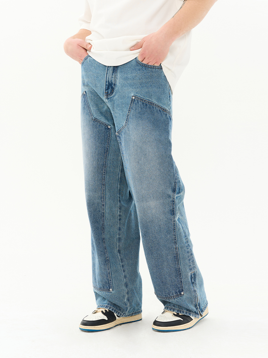 HARSH AND CRUEL 23SS 不規則伐木貼布不收邊水洗牛仔長褲 HN231140092