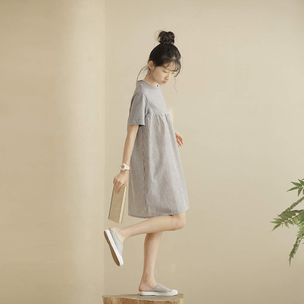 灰色條紋拼接裙