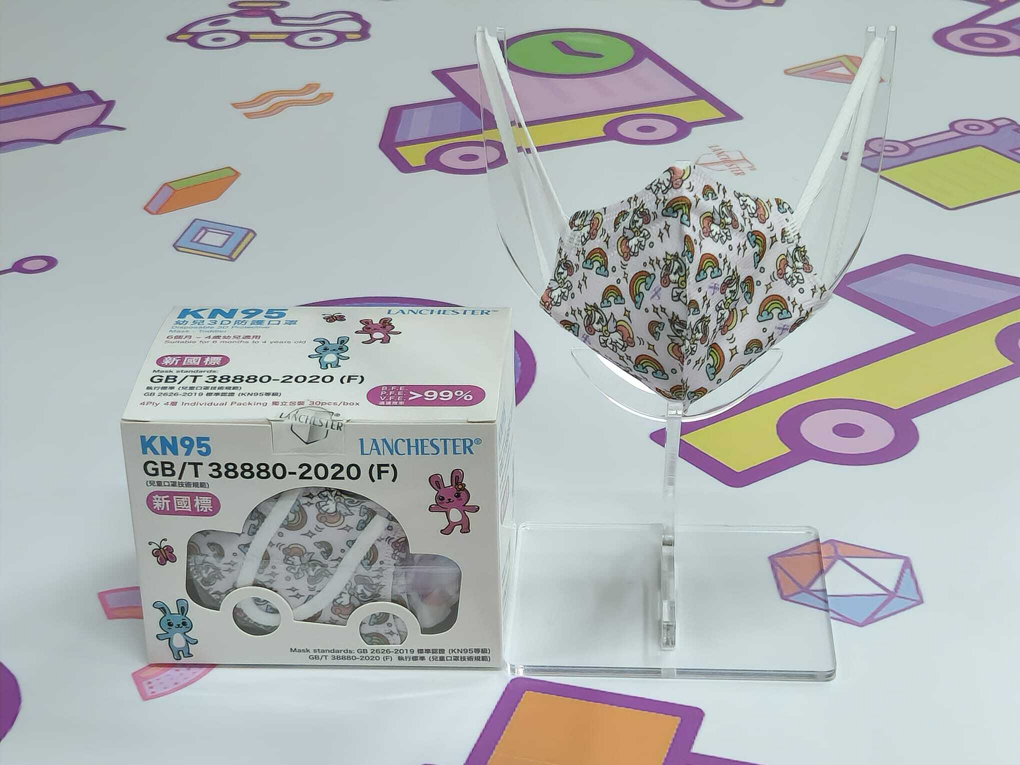 【KN95系列】Lanchester 幼兒四層立體KN95防護口罩 三十片 獨立包裝(彩虹獨角獸)(醫用級)(證書認證/信心保證)