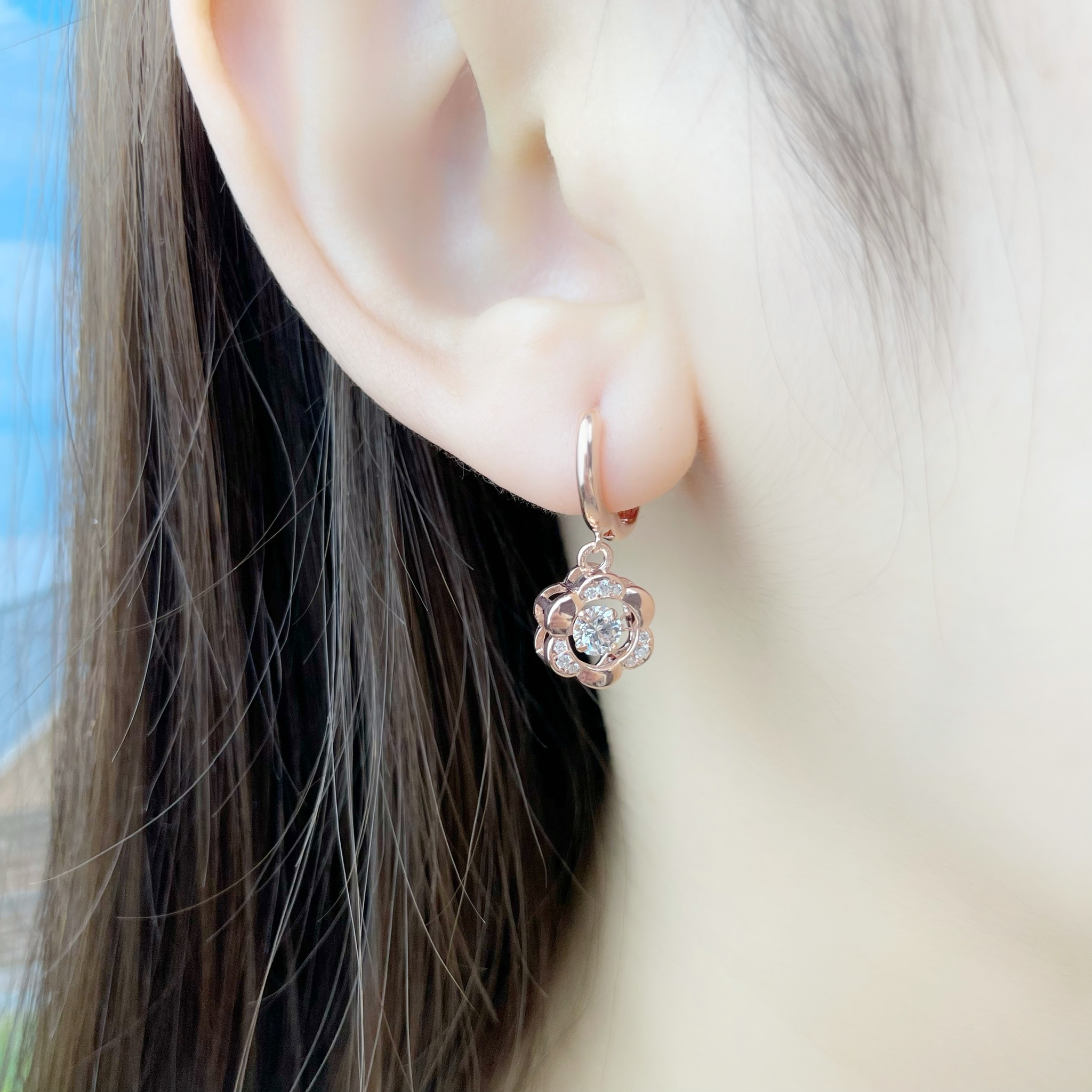 | 999足銀・白金 · 玫瑰金| 懸浮心心花影耳環 | EA0626 |