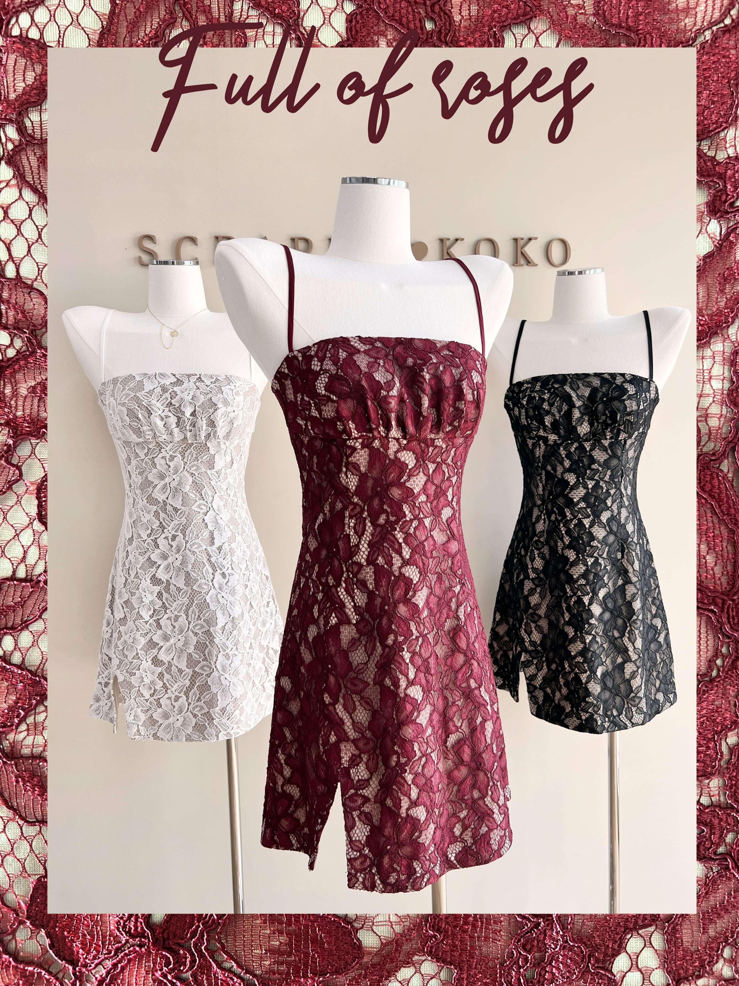 Full of roses 浪漫玫瑰 細肩蕾絲開衩短洋裝