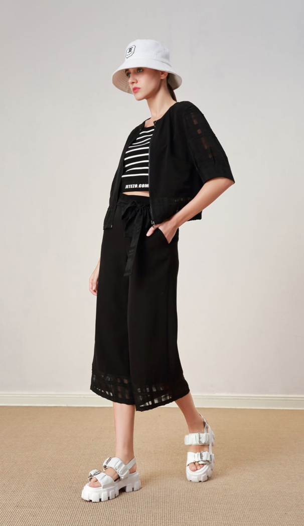 BC1EB068B1黑色都會綁帶網紗雙層寬褲