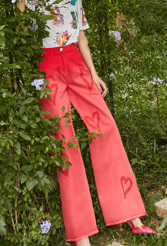 BC1EC302B1 紅色派對愛心漸層闊腿褲