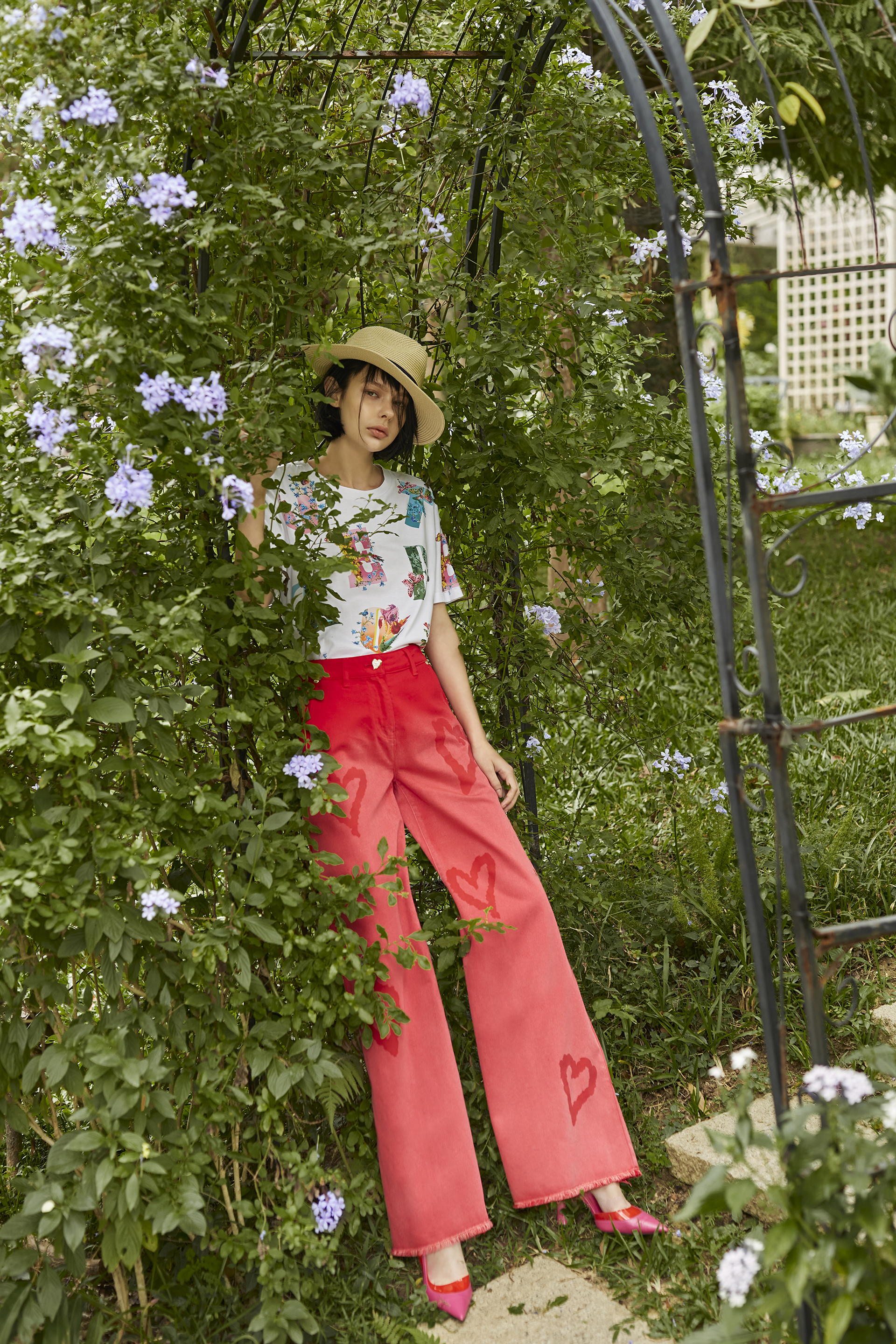 BC1EC302B1 紅色派對愛心漸層闊腿褲