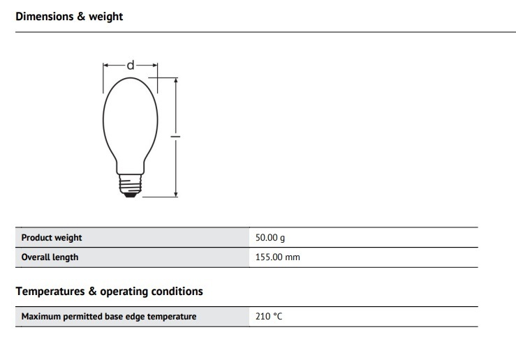 帶內部點火器的 OSRAM 50W 高壓鈉燈 - 橢圓形