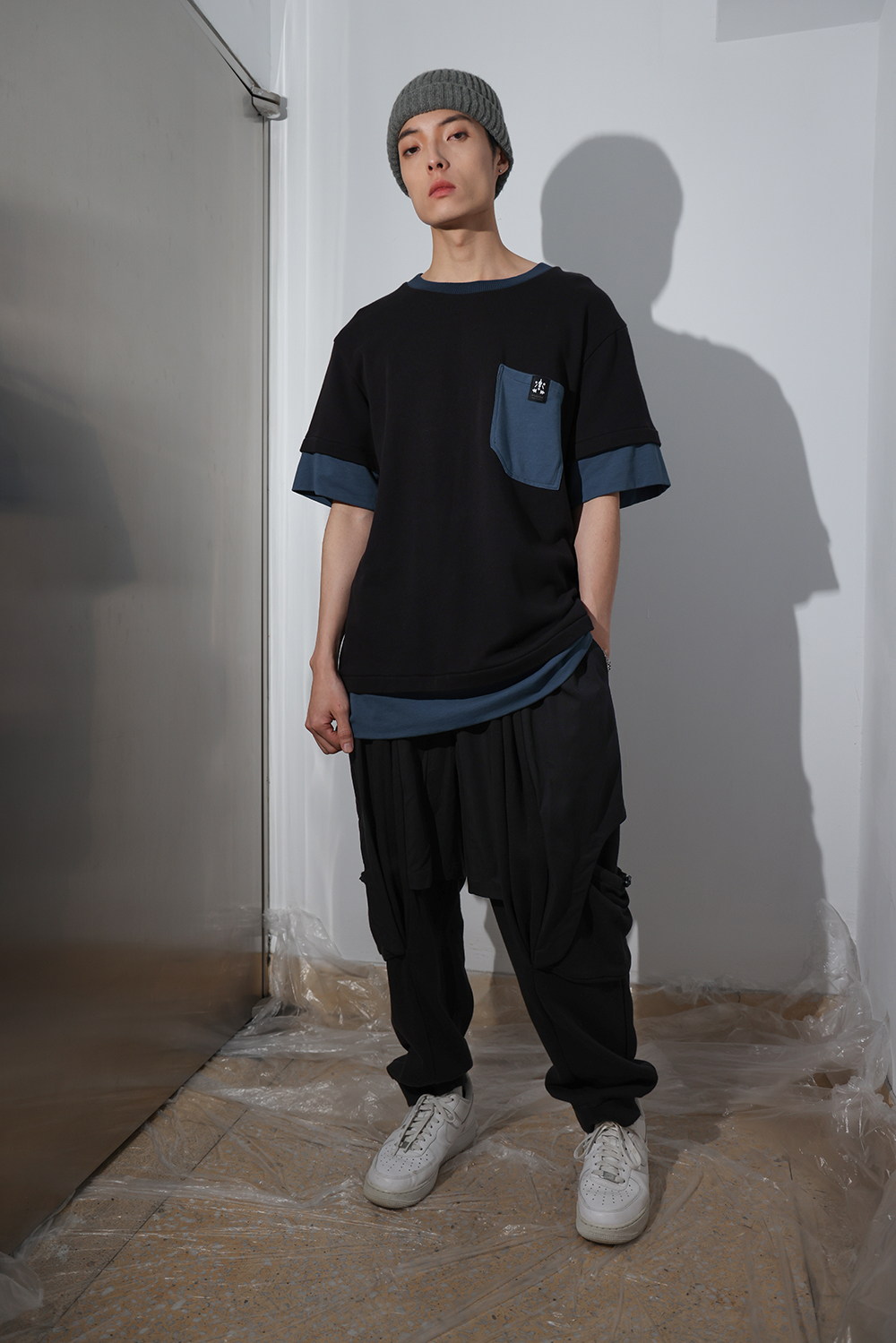 休閒工裝剪裁棉褲-黑